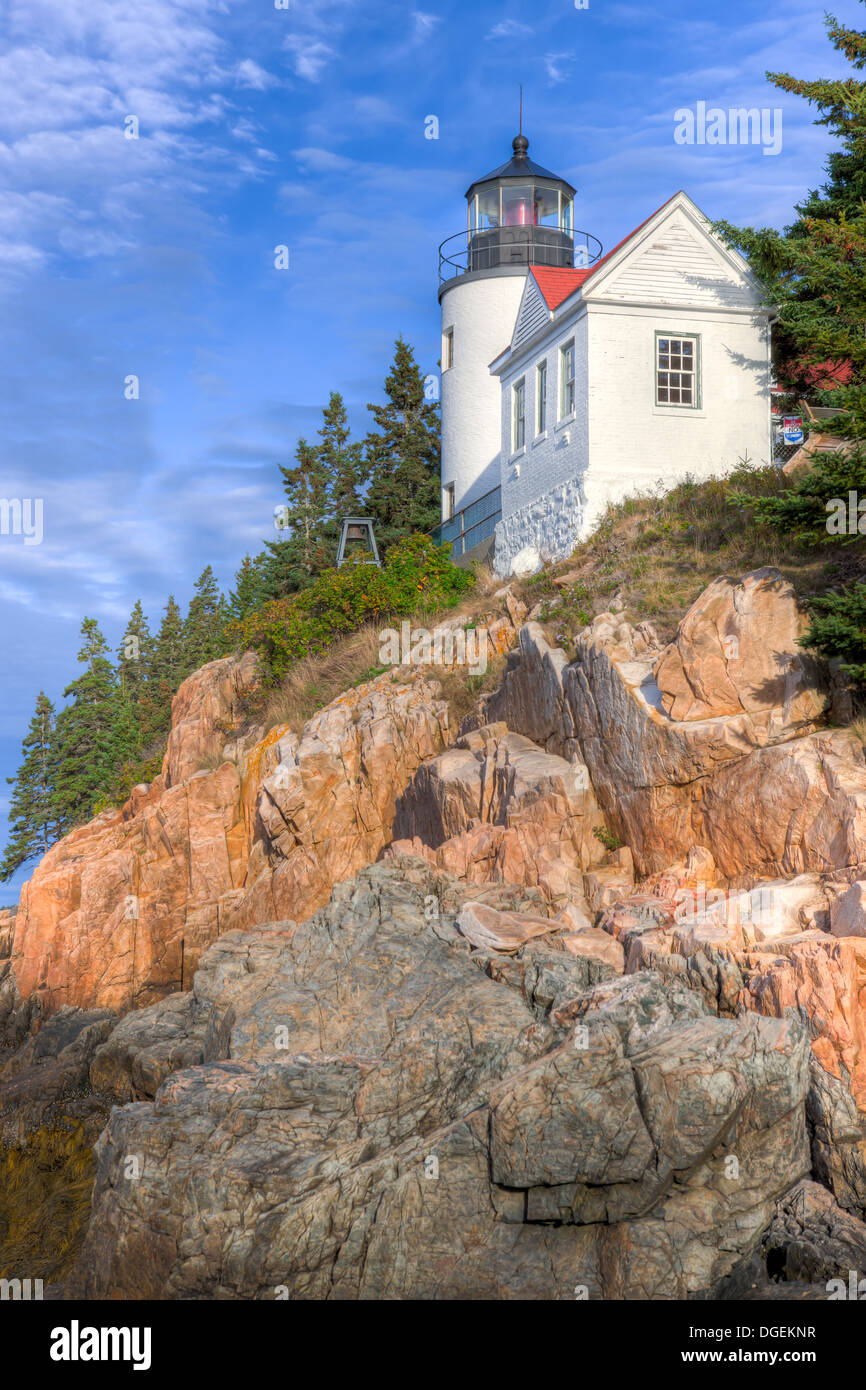 Bass Harbor Head Lighthouse overlooks the entrance to Bass Harbor and Blue Hill Bay in Tremont, Maine in Acadia National Park. Stock Photo