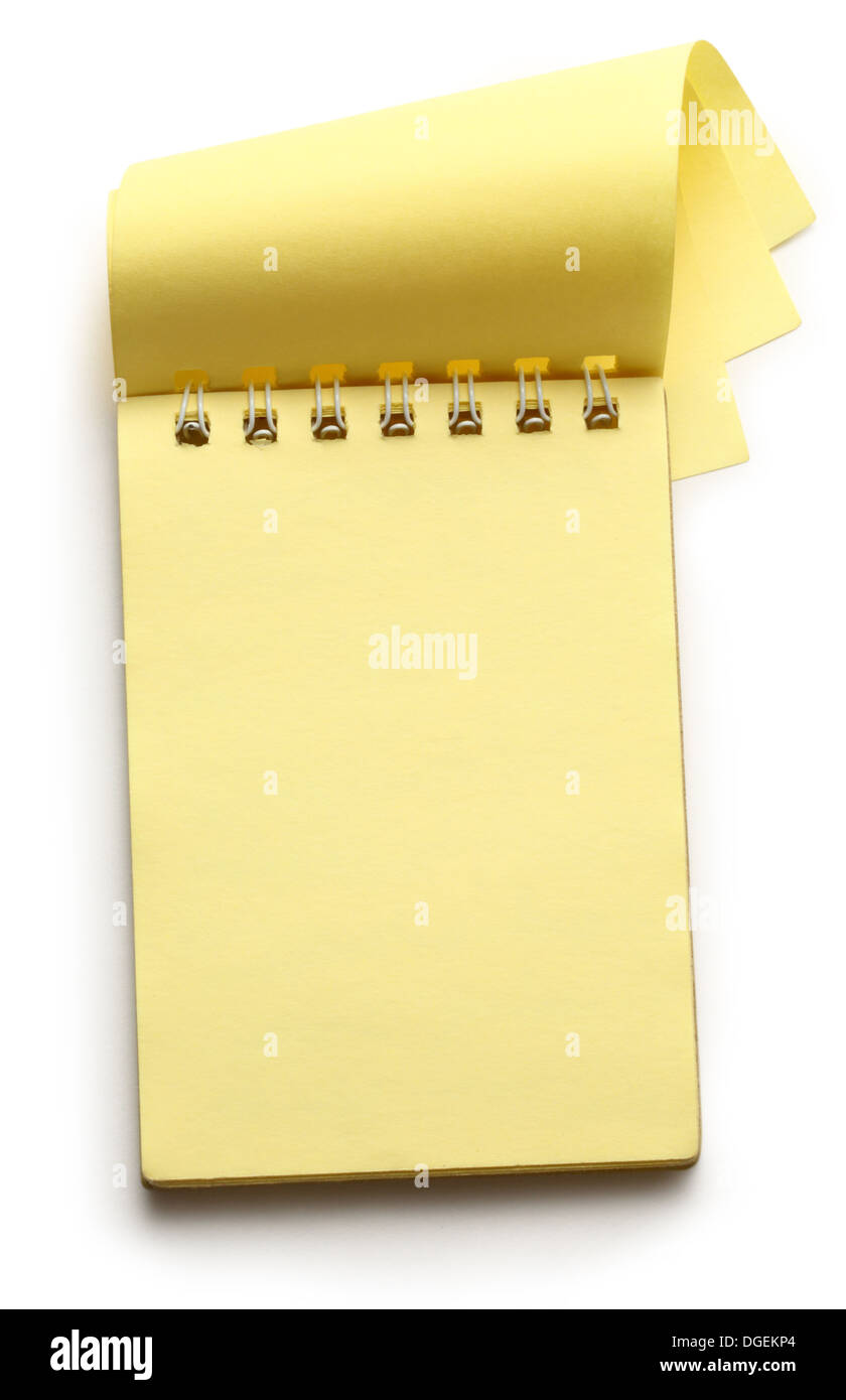 Open yellow notepad on white Stock Photo