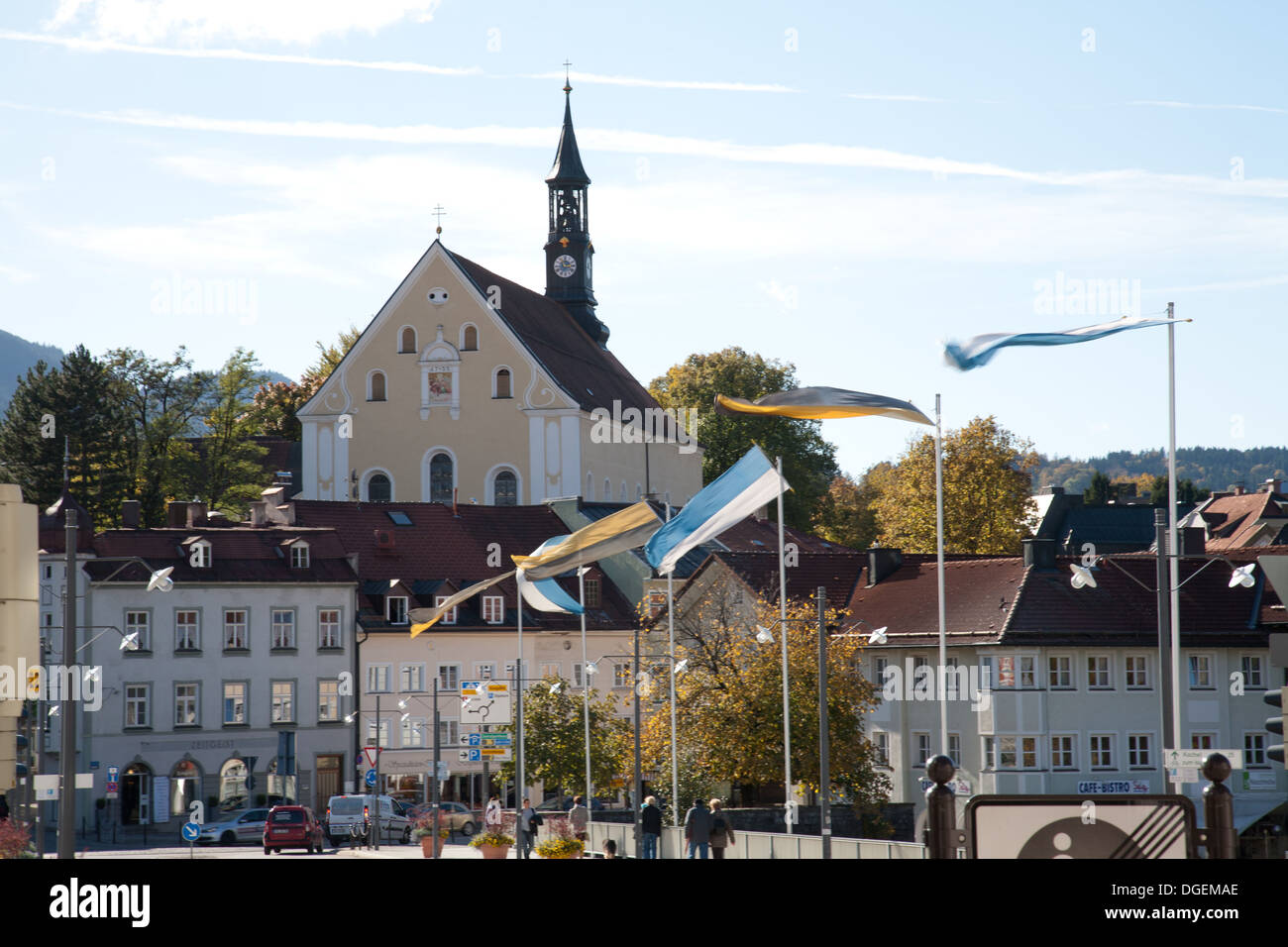 Bad Tolz. A pretty spar town straddling the Isar River Bavaria Stock Photo