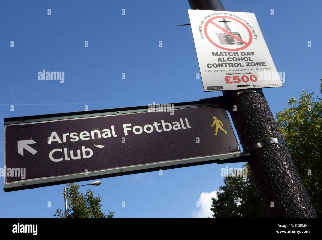 Alcohol match day control zone sign near Arsenal F.C. Emirates Stadium, London Stock Photo