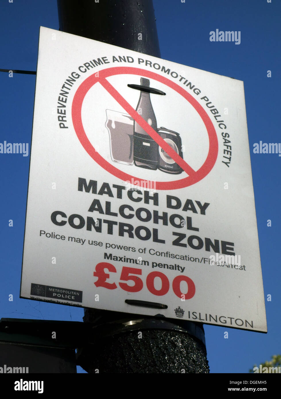 Alcohol match day control zone sign near Arsenal FC Emirates Stadium, London Stock Photo