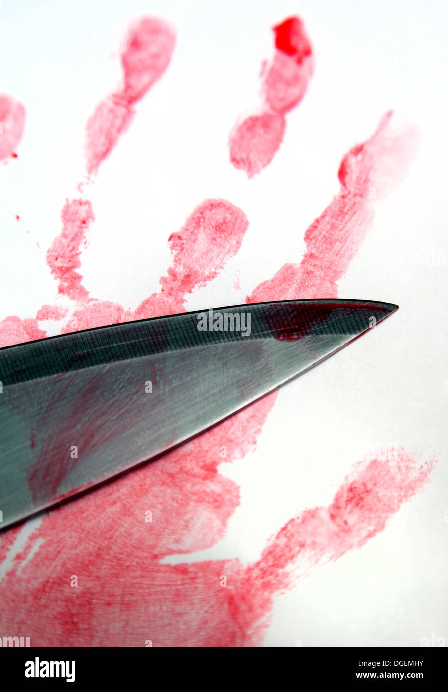 Bloody handprint and knife, London Stock Photo