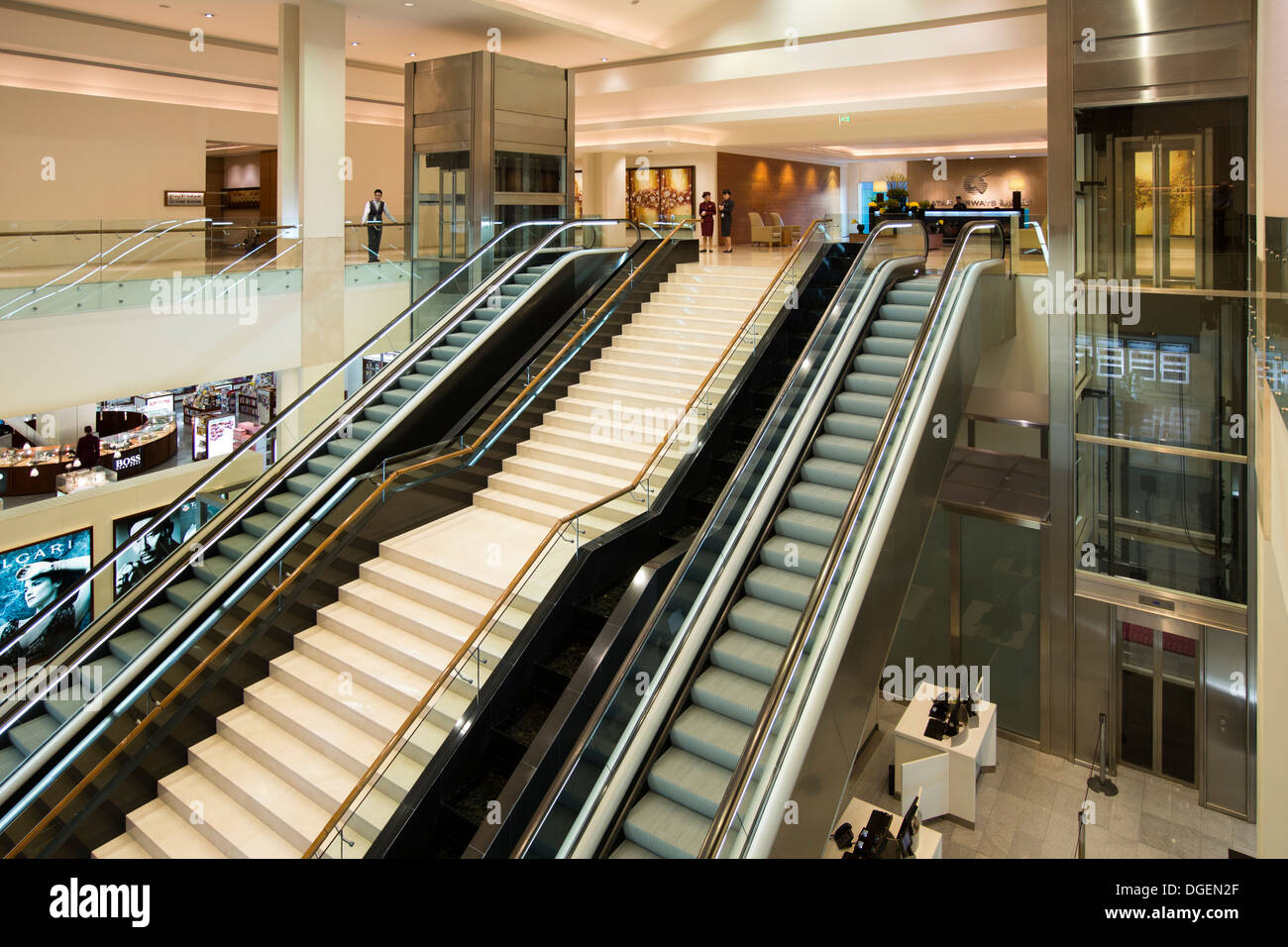 Qatar, U.A.E. Doha Airport, Premium Business Class Terminal escalators and stairs Stock Photo
