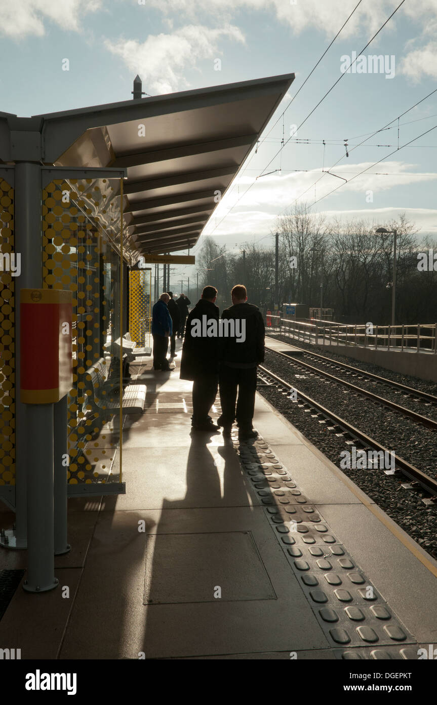 On the first day of passenger services to Shaw, at the Shaw & Crompton stop, Oldham, Manchester, England, UK Stock Photo