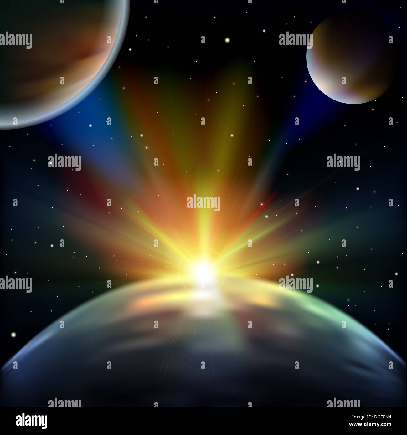 abstract space illustration with earth planets and sunrise Stock Photo ...