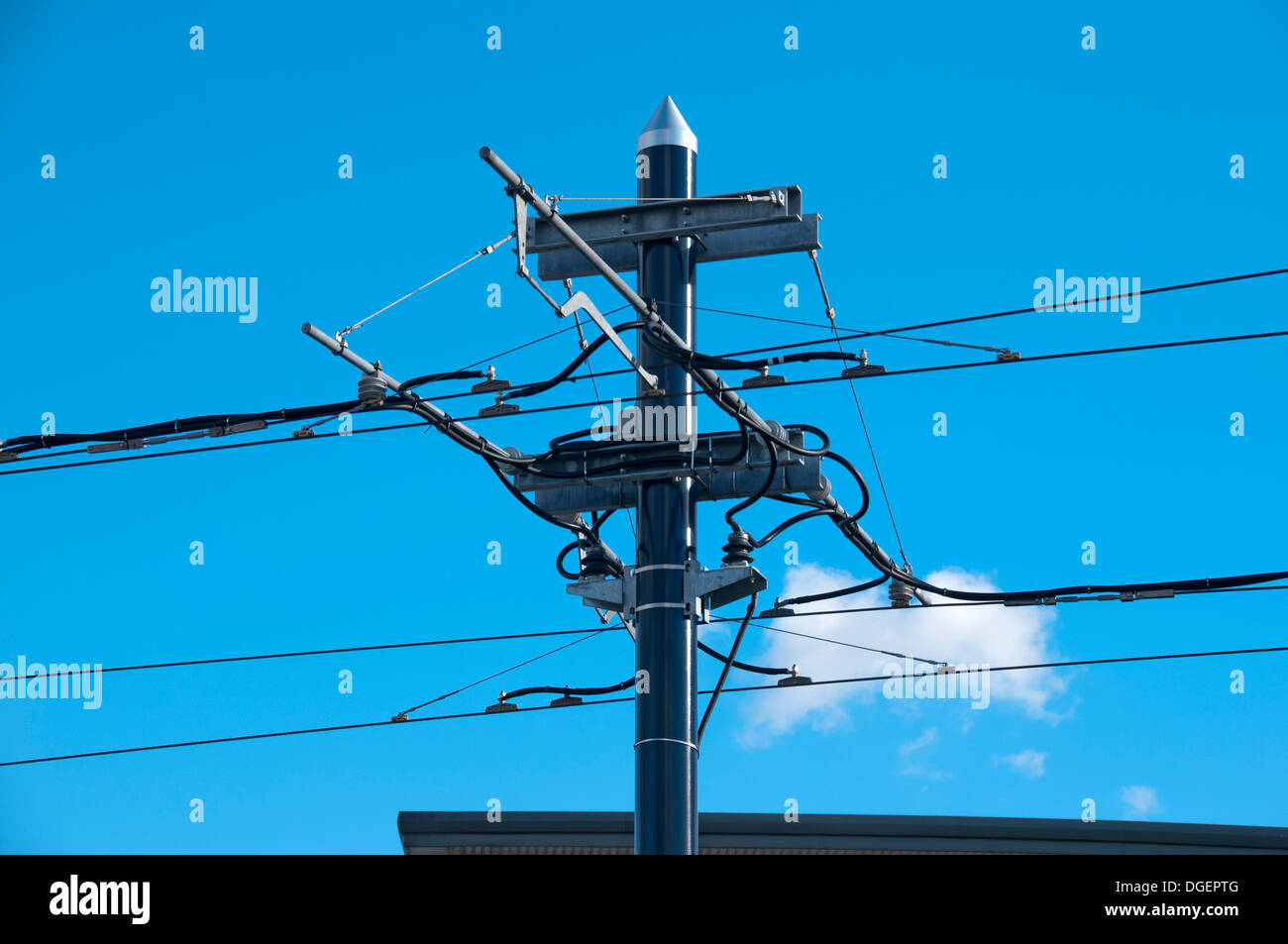 Metrolink tram overhead line equipment, on the East Manchester Line