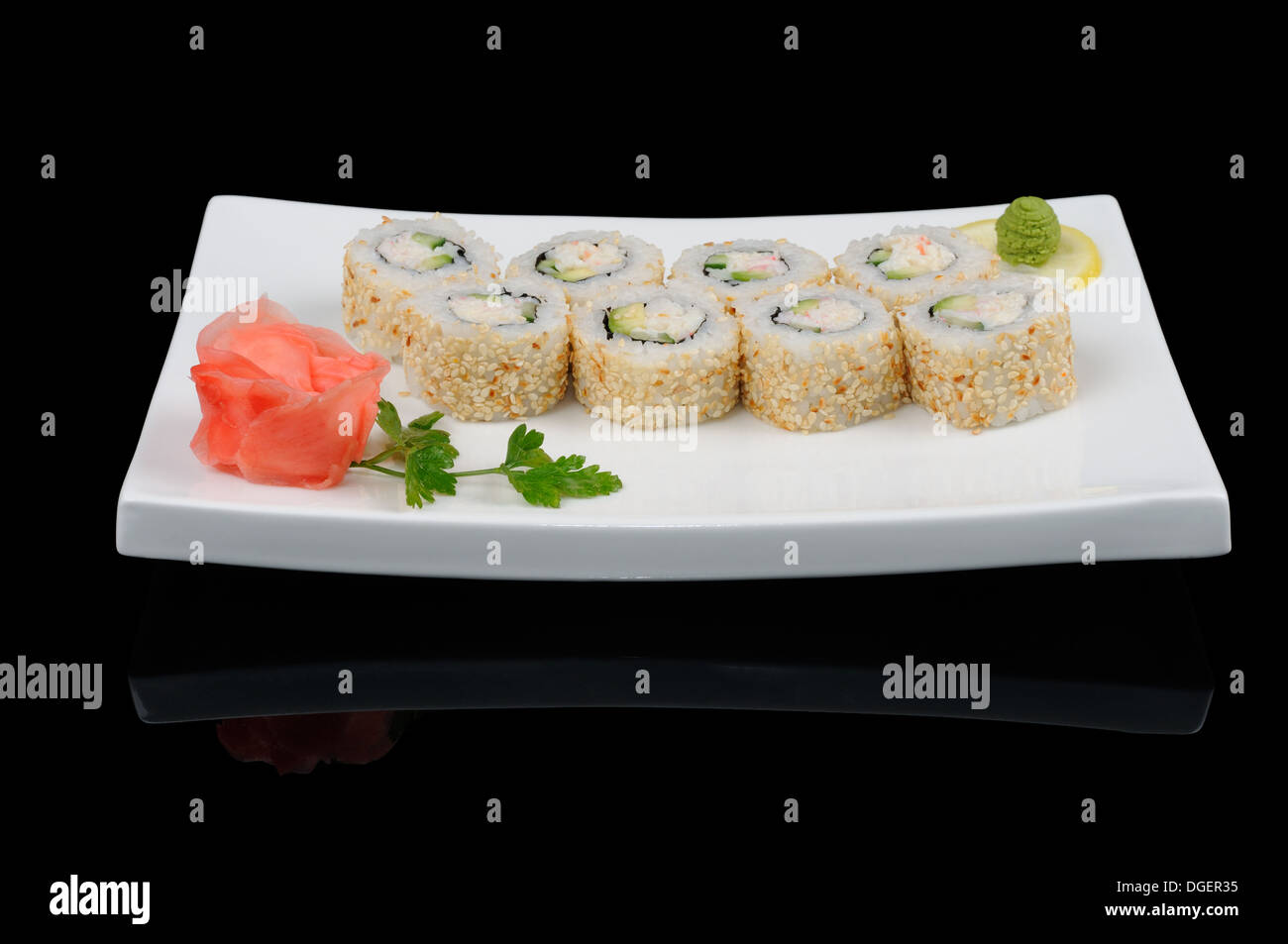 Delicious japanese cuisine. Seafood rolls on the plate Stock Photo