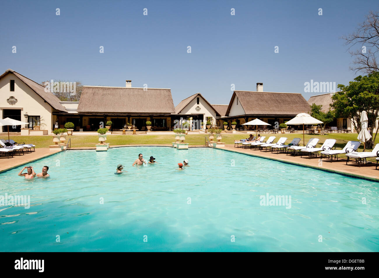 Africa hotel - The luxury Royal Livingstone Hotel and swimming pool,  Victoria Falls, Zambia Africa Stock Photo