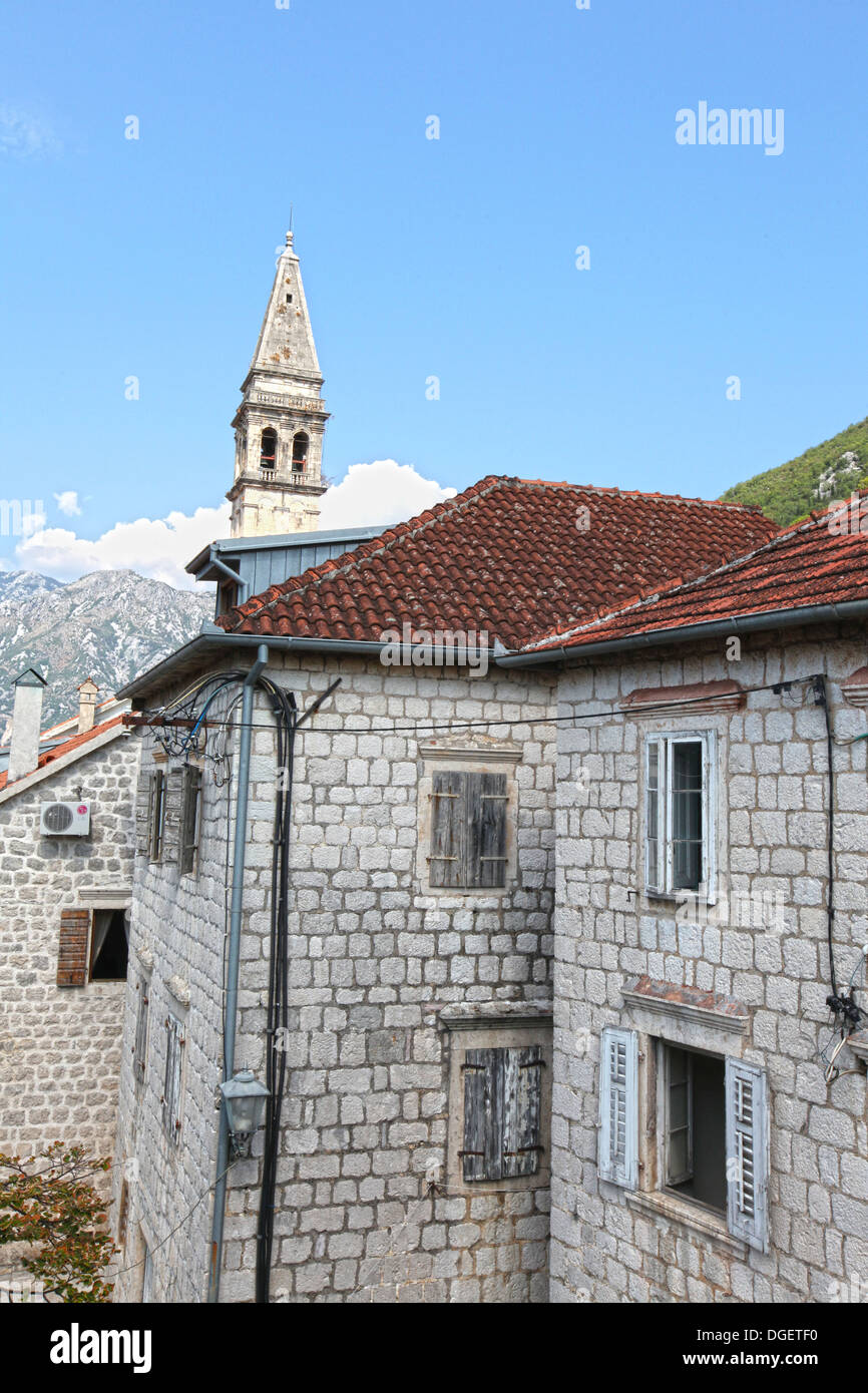 Old stone houses with St. Nikola church in Perast, Bay of Kotor