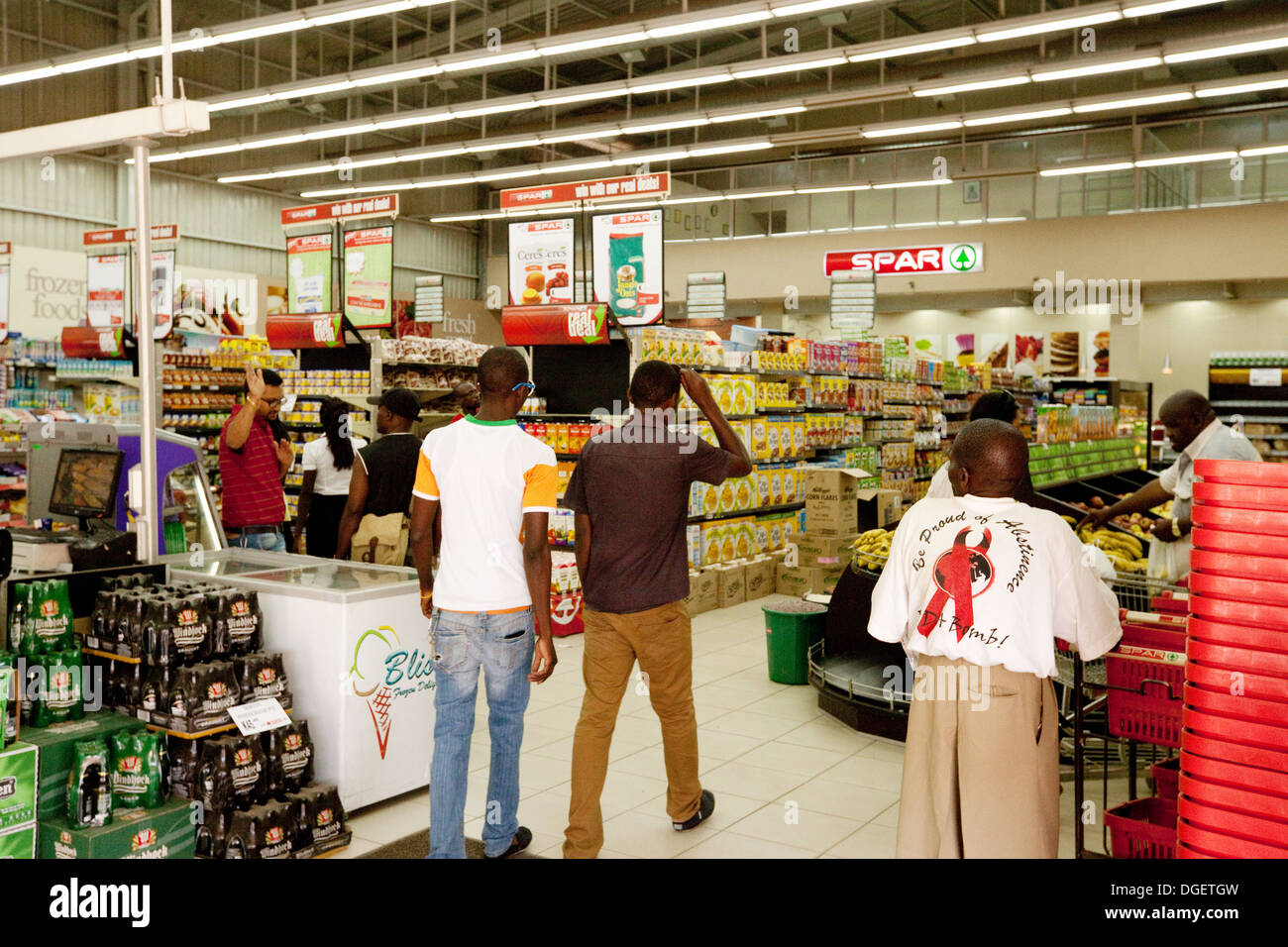 Local people shopping in the Spar supermarket store, Livingstone town