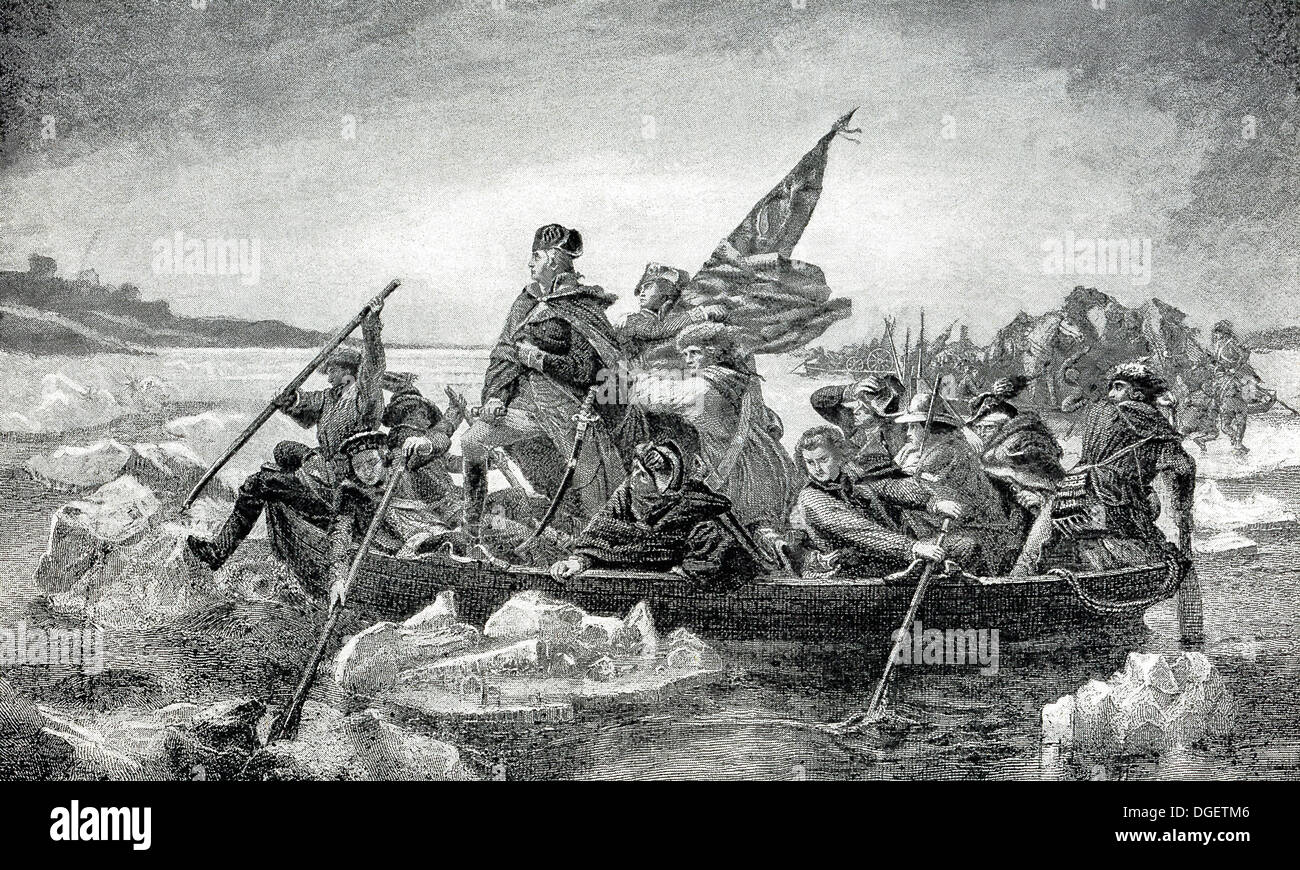 In this American revolutionary war scene, General George Washington crosses the Delaware River on December 25, 1776. Stock Photo