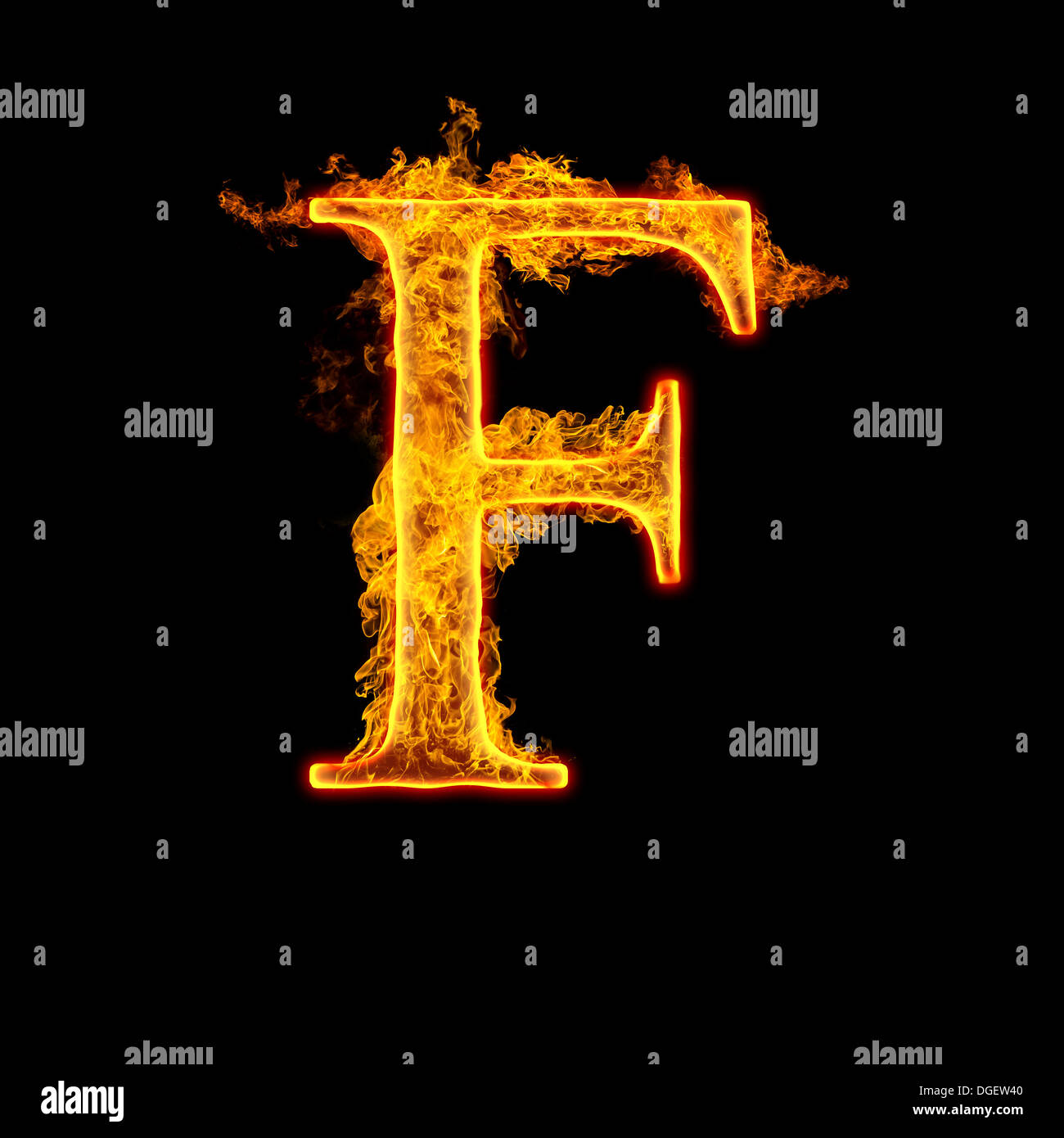 Fire alphabet letter F isolated on black background. Stock Photo