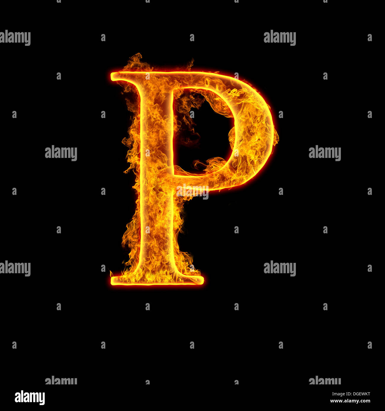 Fire alphabet letter P isolated on black background. Stock Photo