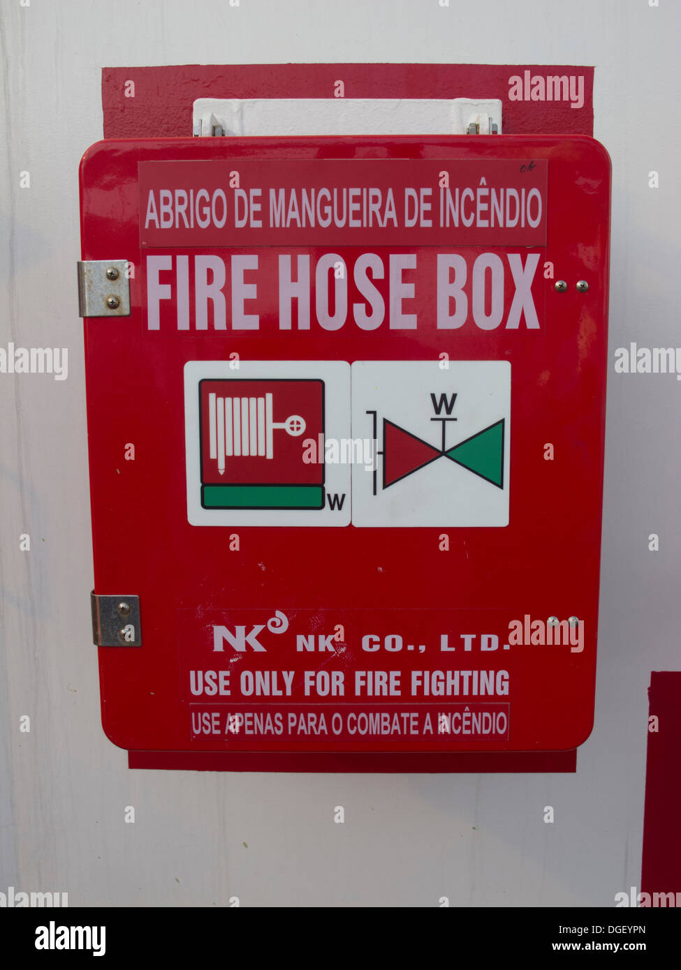 emergency fire house box, on the deck of an oil drilling rig Stock