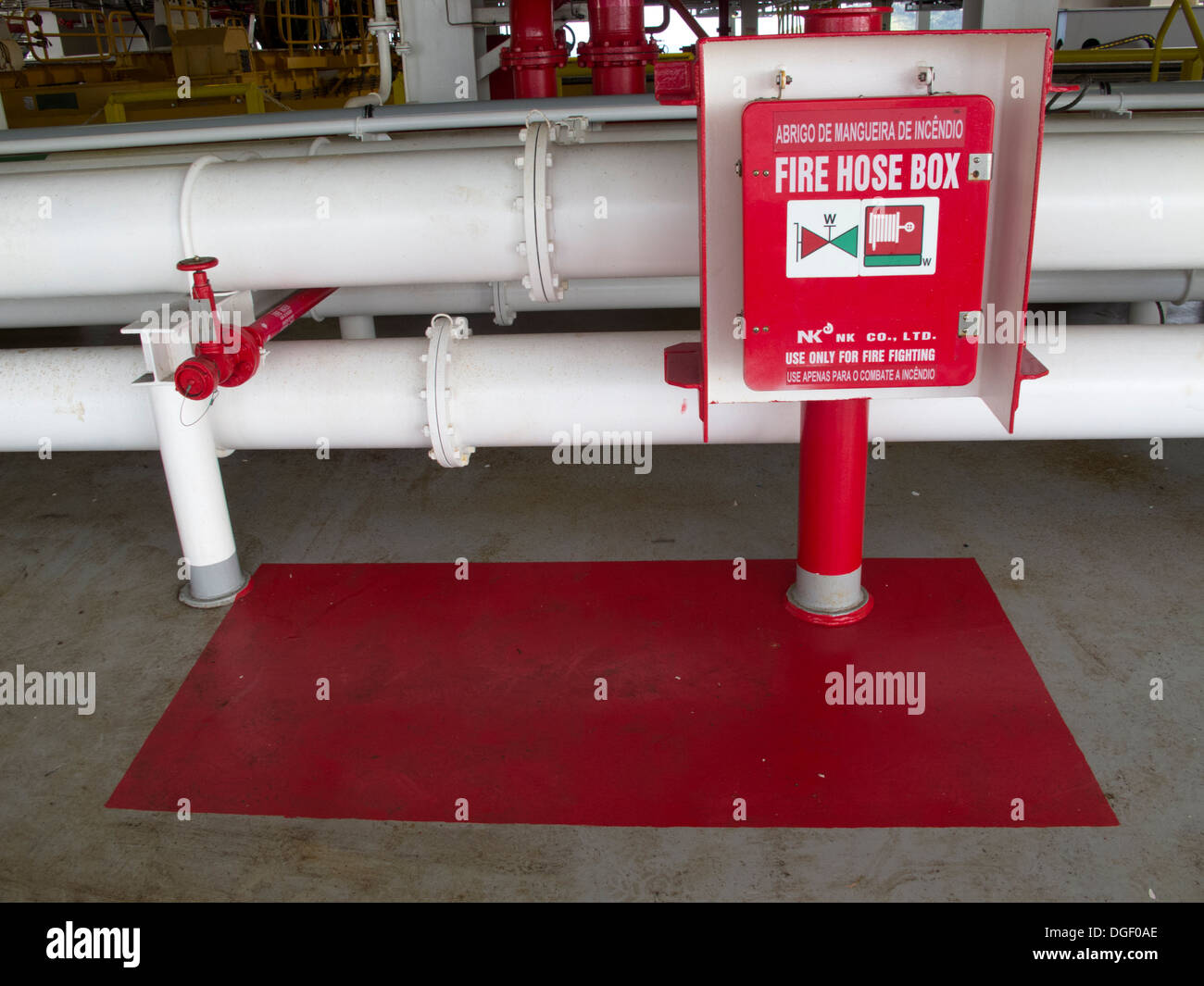emergency fire house box, on the deck of an oil drilling rig Stock