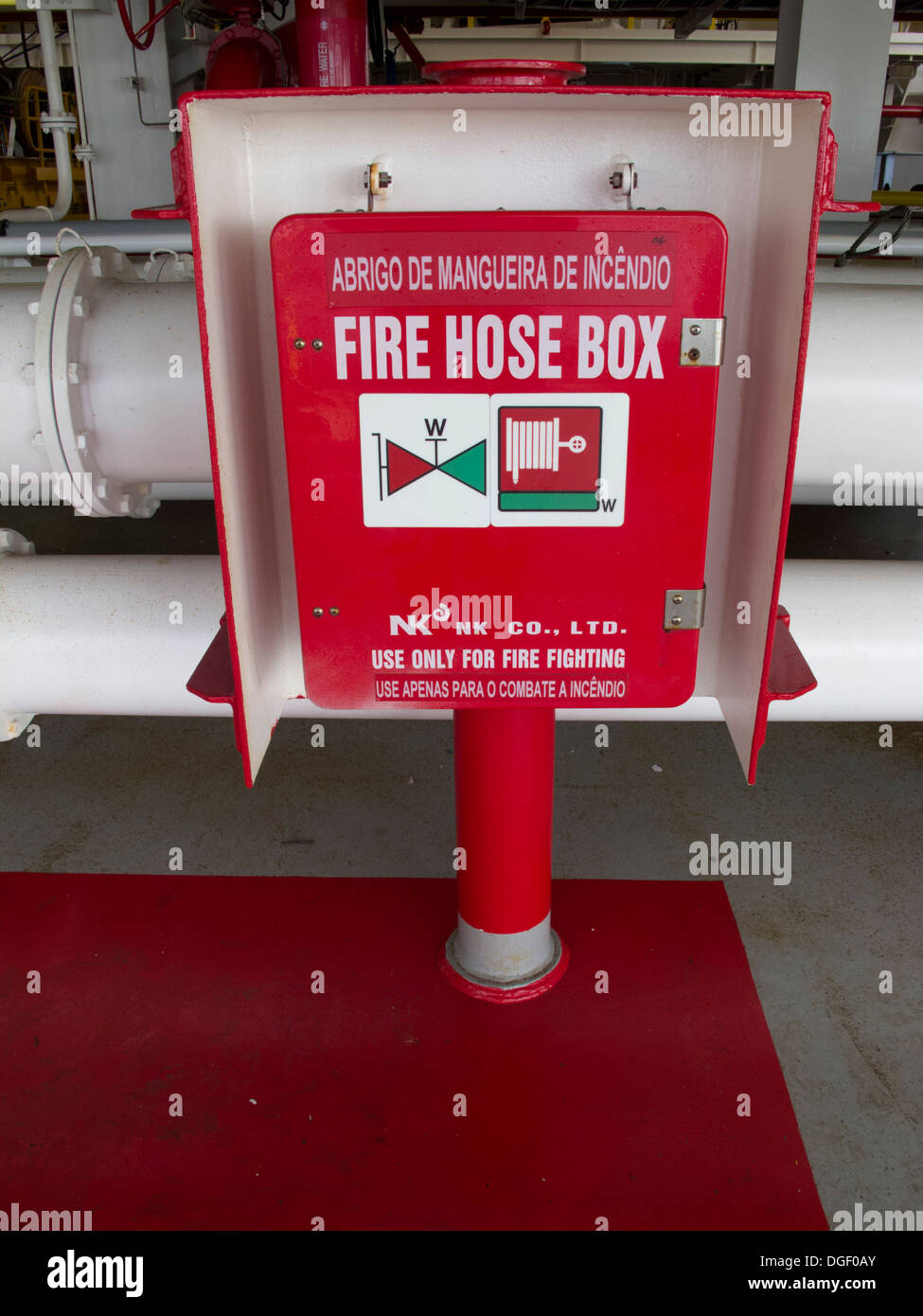 emergency fire house box, on the deck of an oil drilling rig Stock