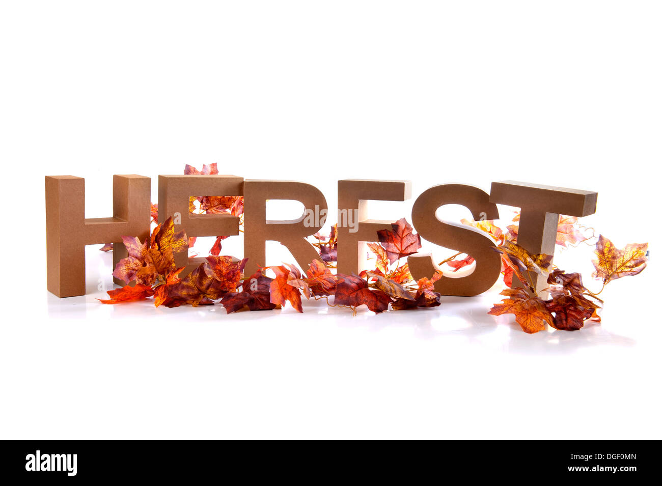 Letters make the dutch word for Fall ' Herfst ' , with a lot of Autumn leaves Stock Photo