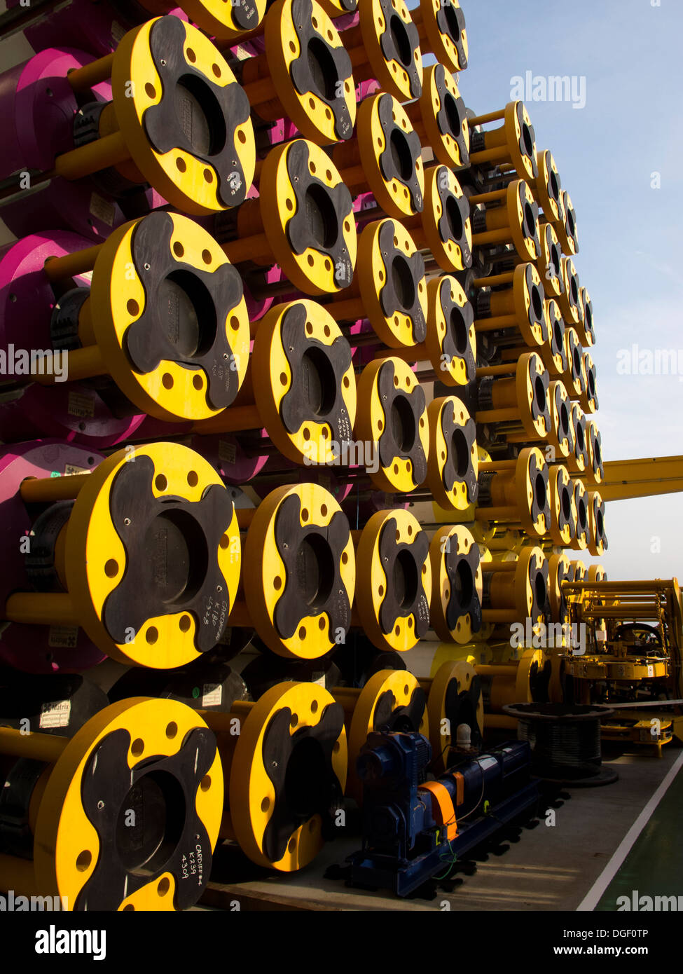 Drill pipes pile at deck on offshore ultra deep waters drill ship Ocean Rig Mykonos, working in Brazil for Petrobras Stock Photo