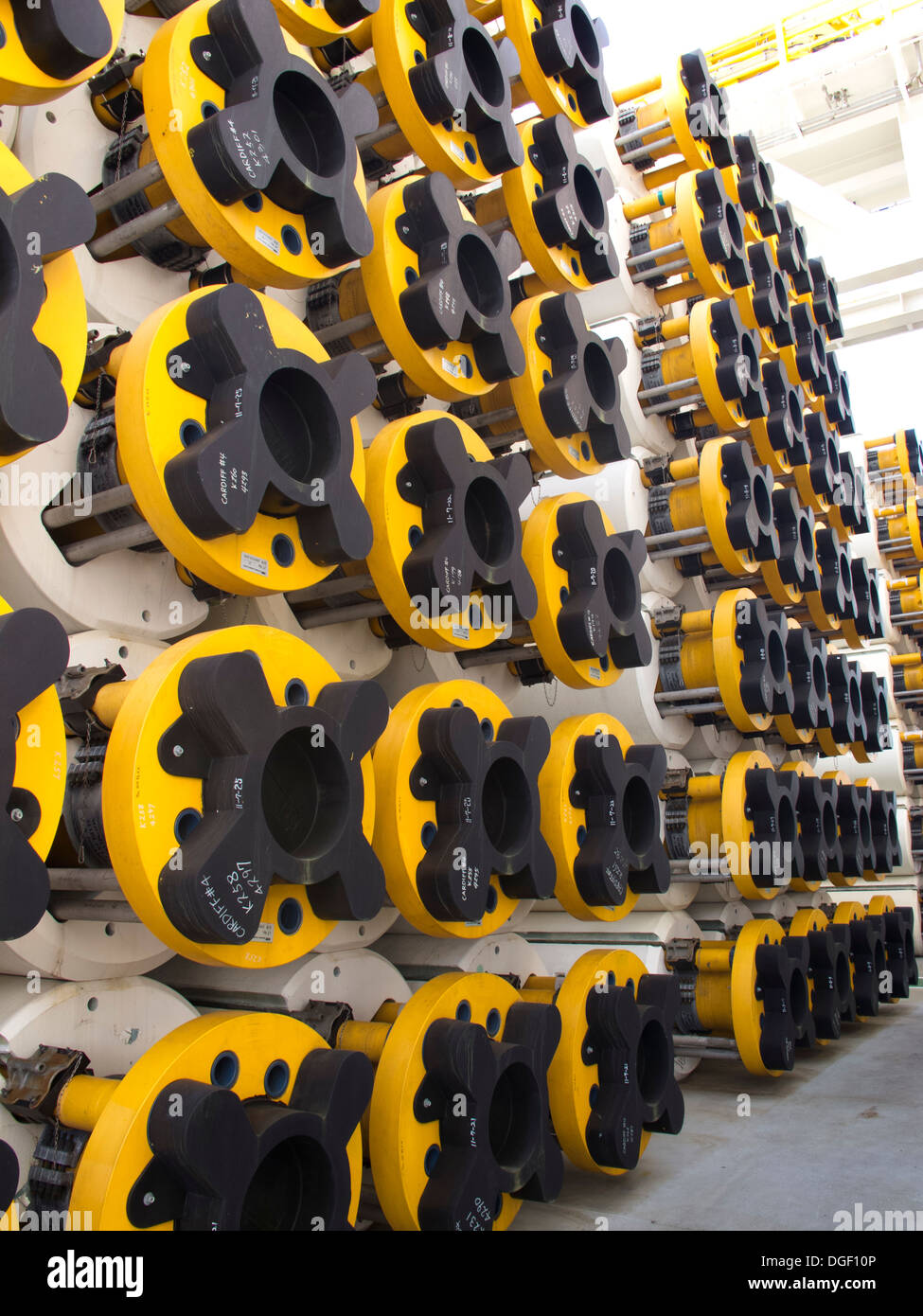 Drill pipes pile at deck on offshore ultra deep waters drill ship Ocean Rig Mykonos, working in Brazil for Petrobras Stock Photo