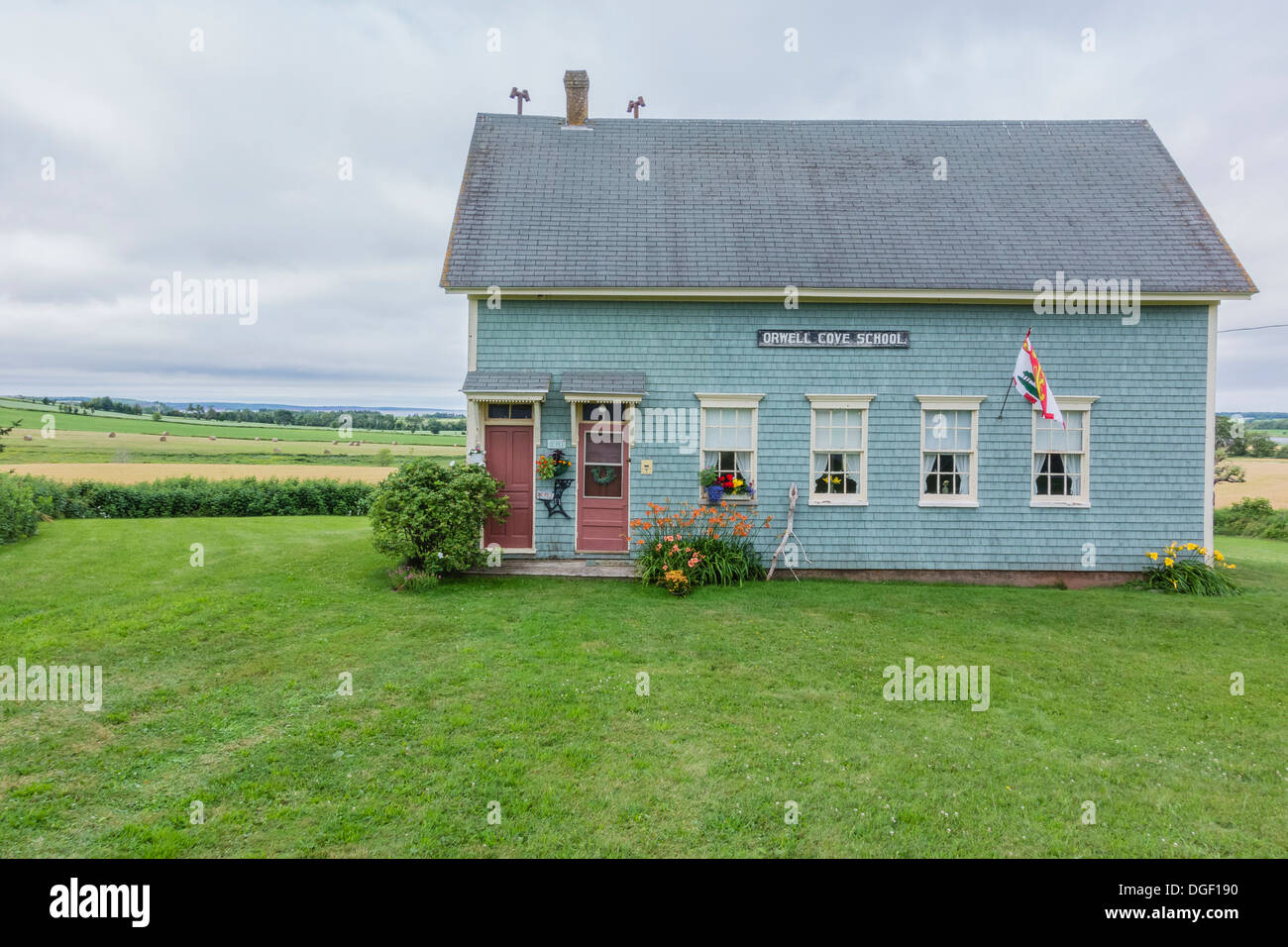 Orwell Cove School, an old small, one-room, wood shingled, country schoolhouse located on Prince Edward Island, Canada. Stock Photo