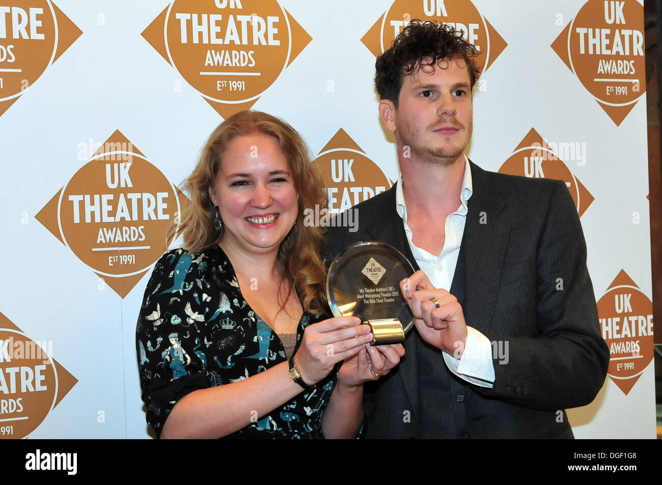 London UK, 20th Oct 2013 : Jessica Beck and David Lockwood are seen with there award for 'My Theater Matters! UK's Most Welcoming Theatre' at The Theatre Awards 2013 at The Guildhall on October 20, 2013 in London, England. (Photo by Danny E. Martindale/Getty Im Credit:  See Li/Alamy Live News Stock Photo