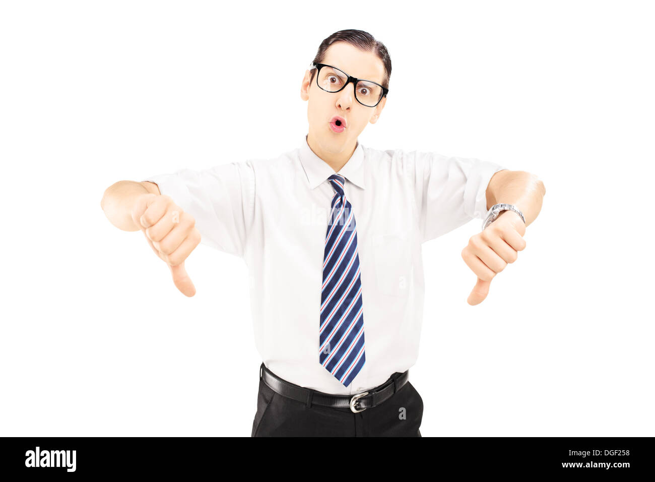 Man with tie and glasses giving thumbs down Stock Photo