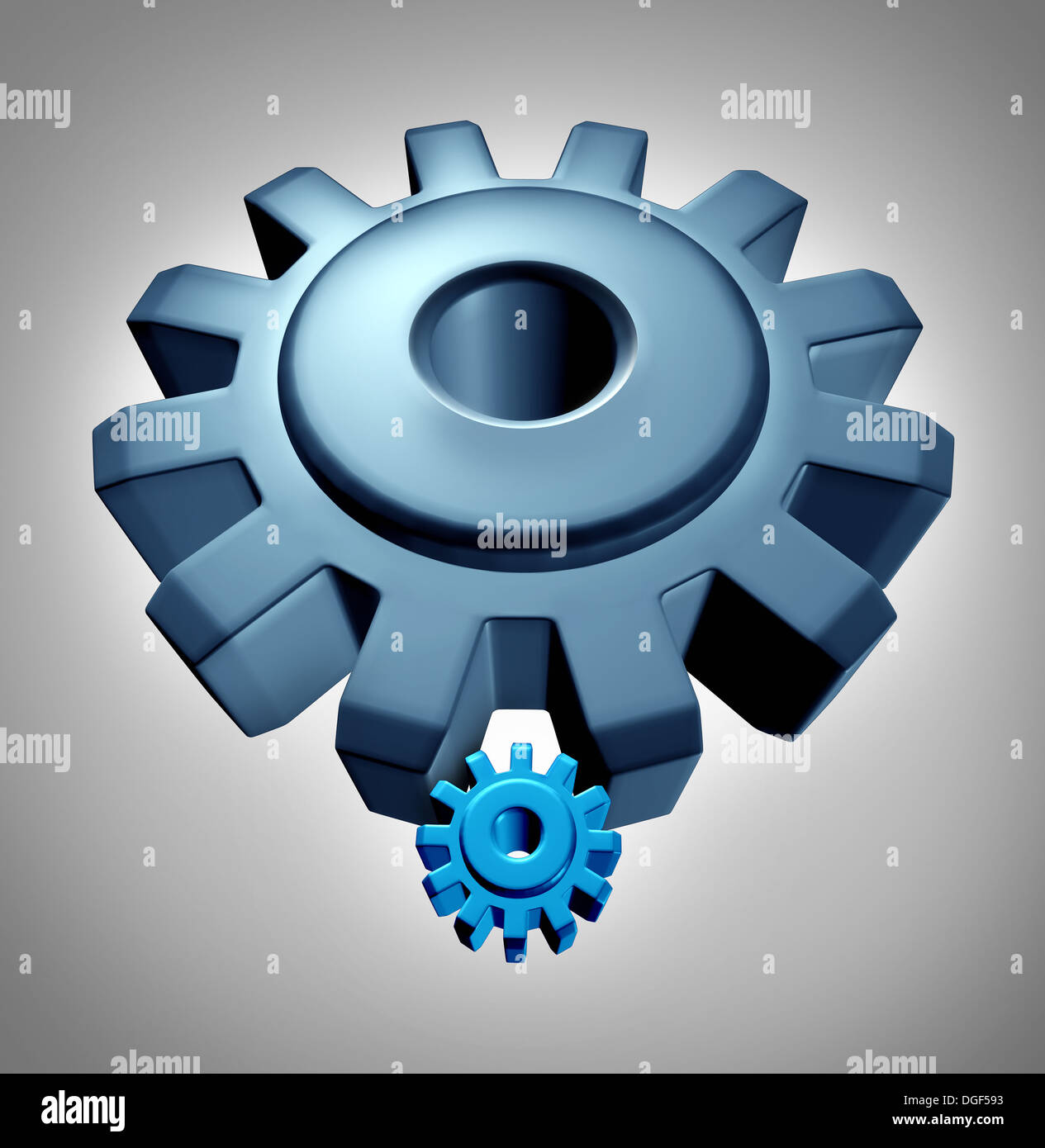 Young leader or apprentice business technology concept with a symbol of an older experienced giant gear or cog teaching a small Stock Photo