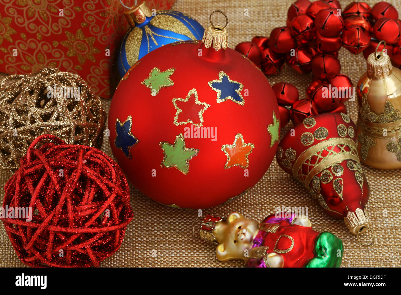 Closeup of Christmas ornaments featuring big red bulb Stock Photo - Alamy