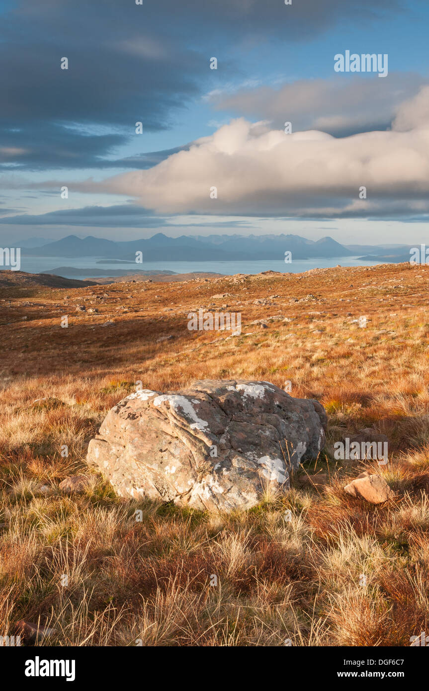 View towards the Isle of Skye from Carn Glas, summit of the Bealach na Ba pass, Scottish Highlands, Scotland Stock Photo