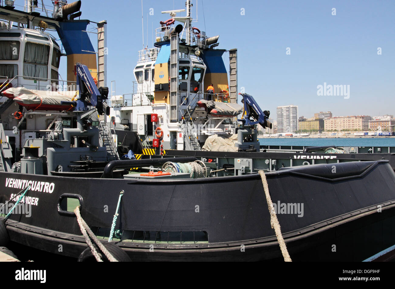 Ocean going tugs Vehinte and Vehinticuatro of Santander in the harbour, Malaga, Spain, Western Europe. Stock Photo