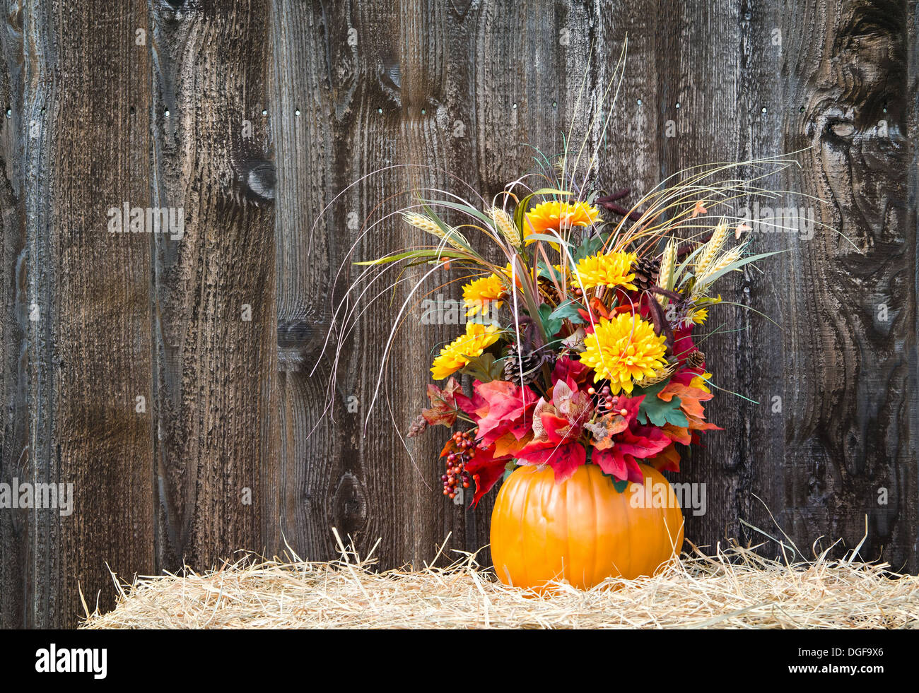 Pumpkin flower arrangement on hay against rustic wooden background Stock Photo