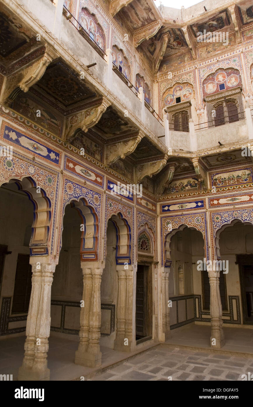 Hand-painted columns inside old haveli. Mandawa. Rajasthan. India Stock
