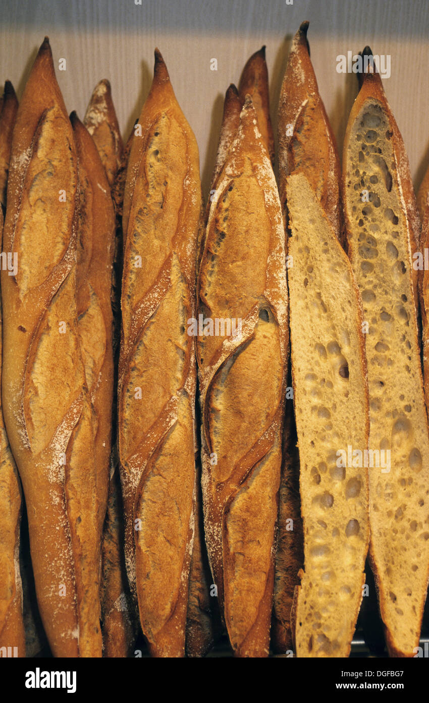 Different varieties of bread France(french baguette bread Stock Photo
