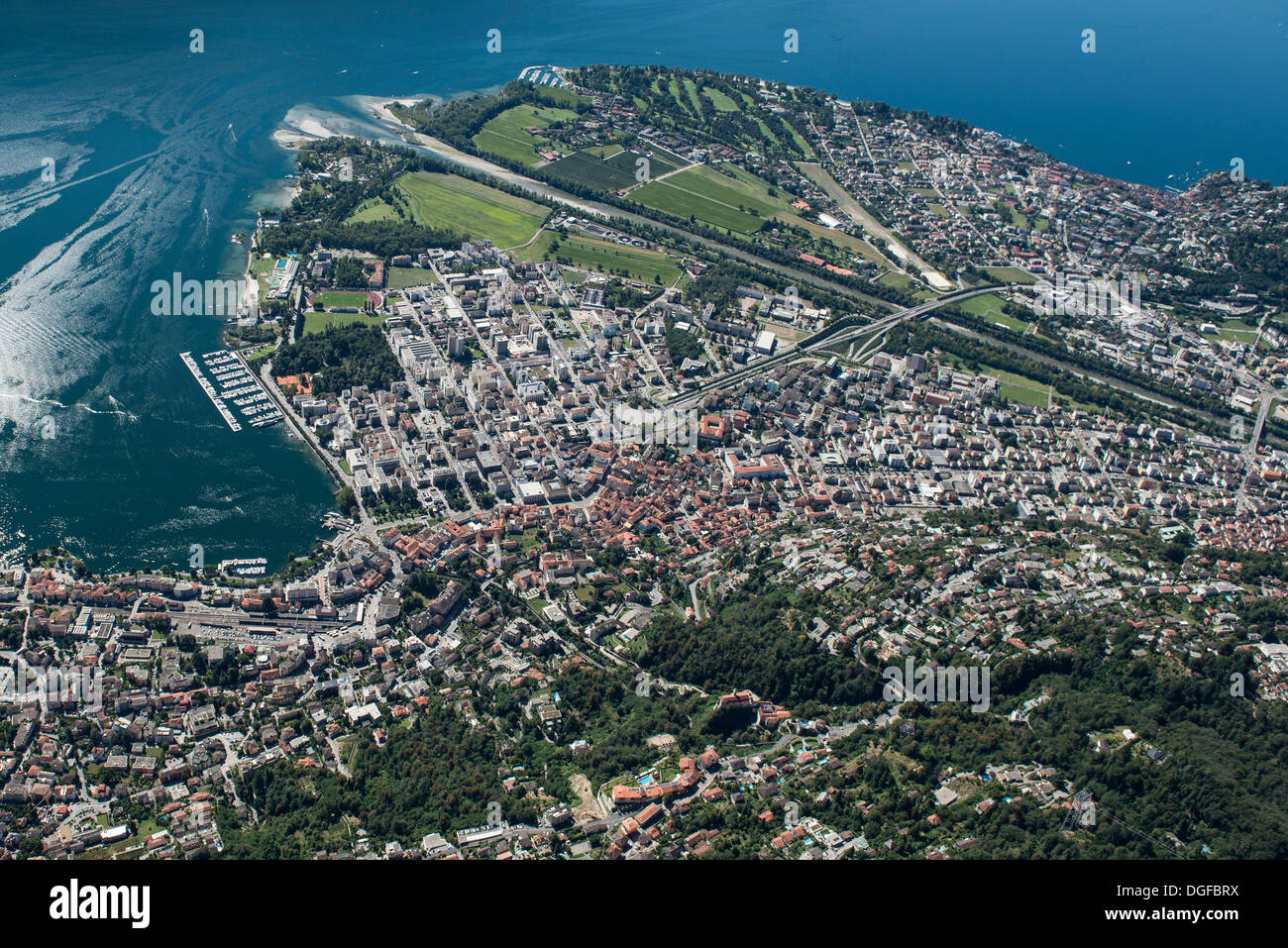 Aerial view, river delta, Lake Maggiore, Locarno, Kanton Tessin, Switzerland Stock Photo