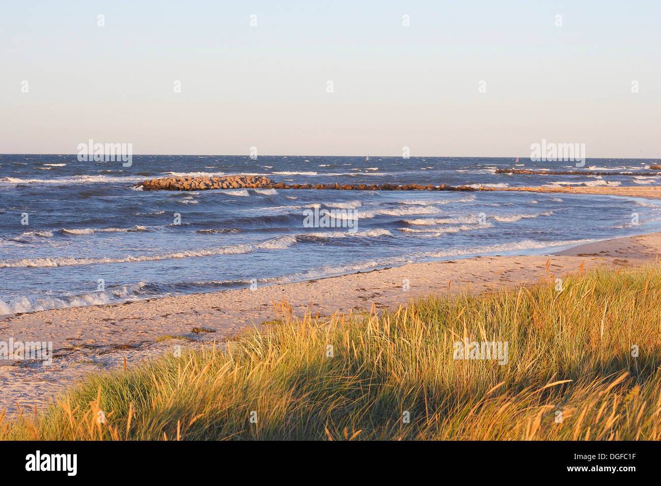 Views of the Schoenberger Strand beach and the Baltic Sea from the dike ...