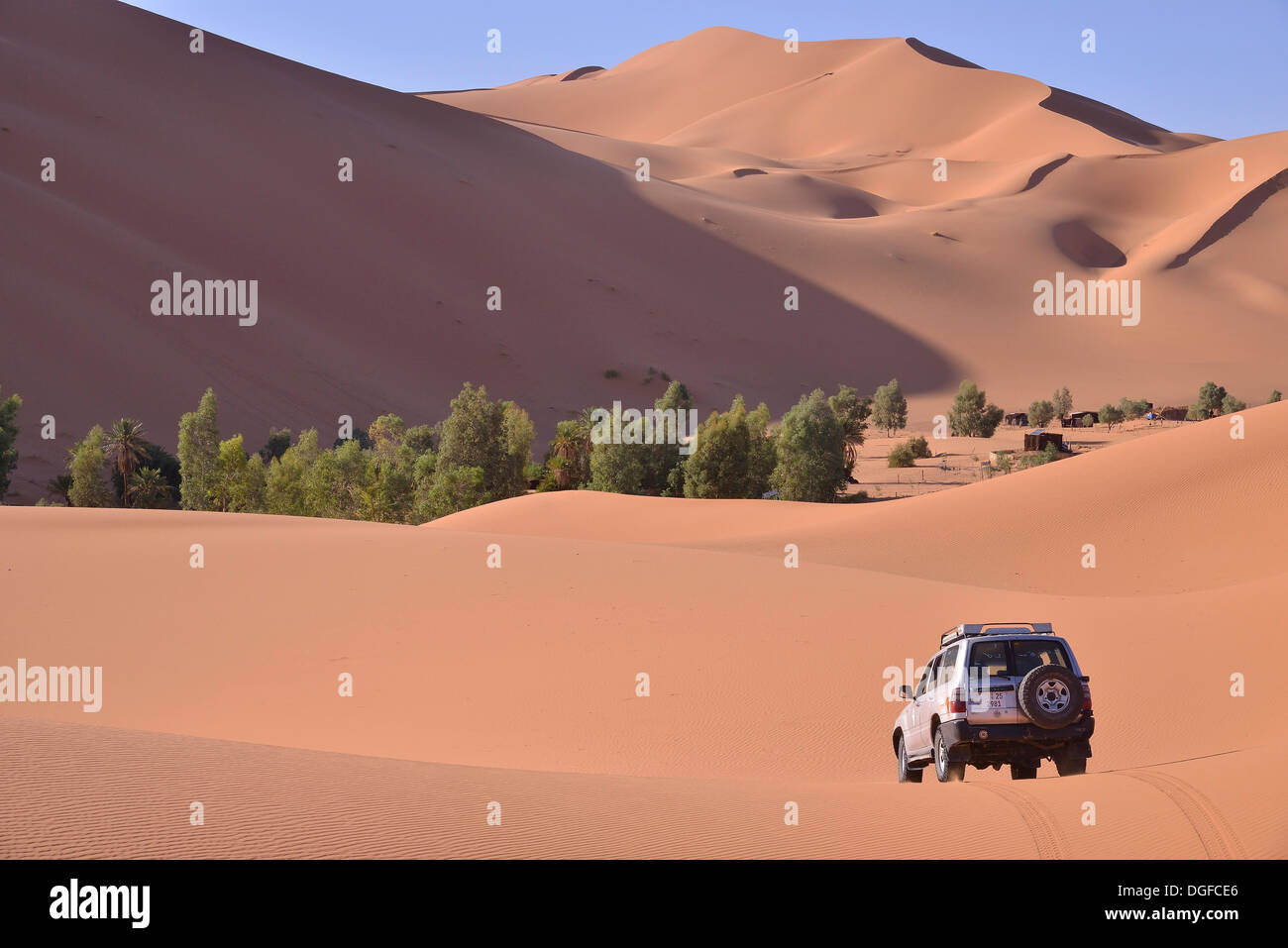Car driving in the dunes, Great Sand Sea, Sahara, Merzouga, Meknès-Tafilalet region, Morocco Stock Photo