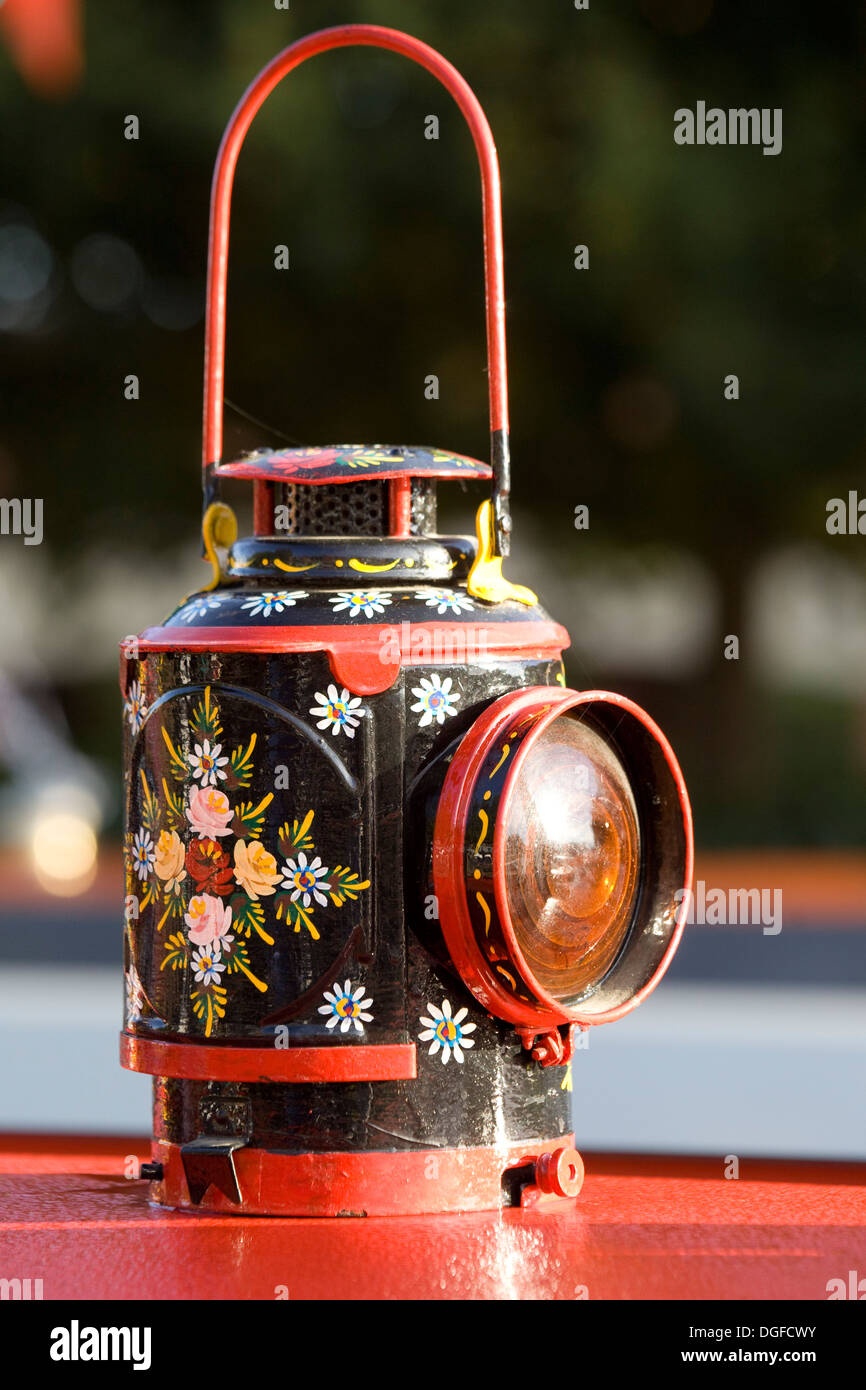 Decorative Traditional British Boat Art Gas Lamp on top of a Barge Stock Photo