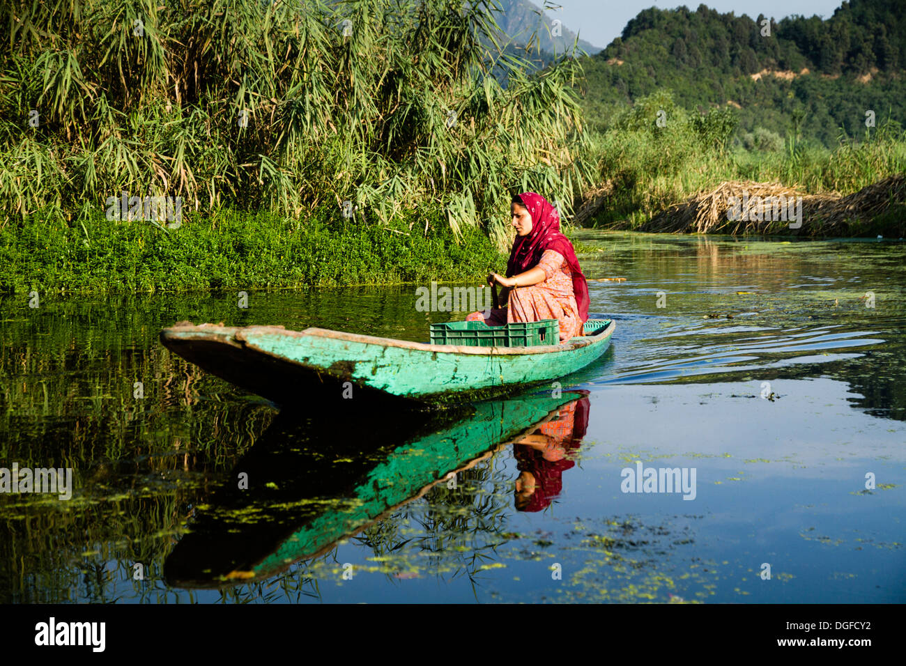 Woman on a shikara, a traditional boat, on Lake Dal, Srinagar, Jammu and Kashmir, India Stock Photo