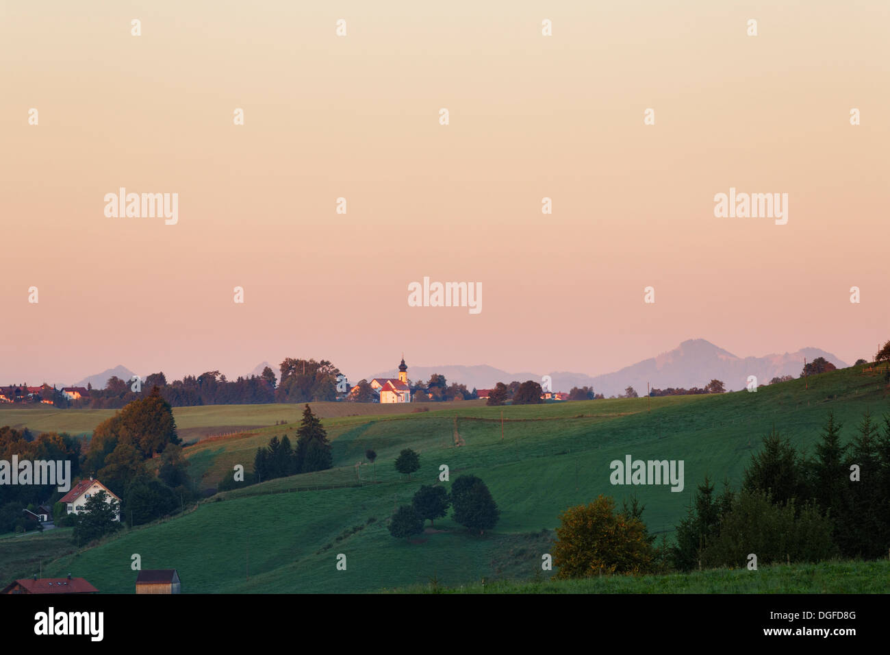Landscape in the Alpine Foreland, morning mood, Wildsteig, Pfaffenwinkel region, Upper Bavaria, Bavaria, Germany Stock Photo