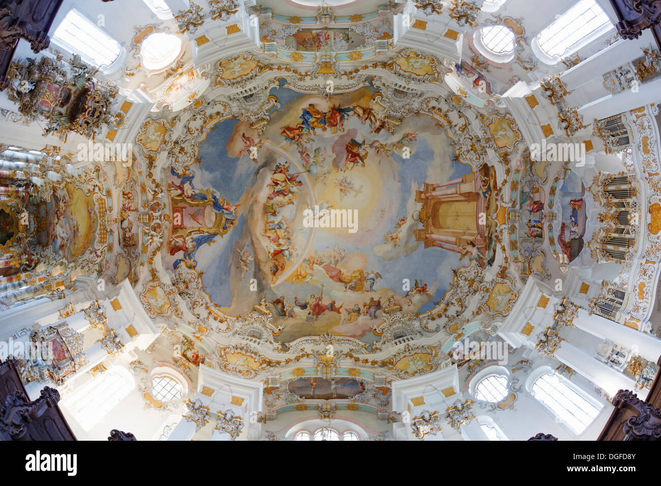 Interior, dome frescoes, Wieskirche church or Pilgrimage Church of Wies, UNESCO World Heritage Site, Wies, Steingaden Stock Photo