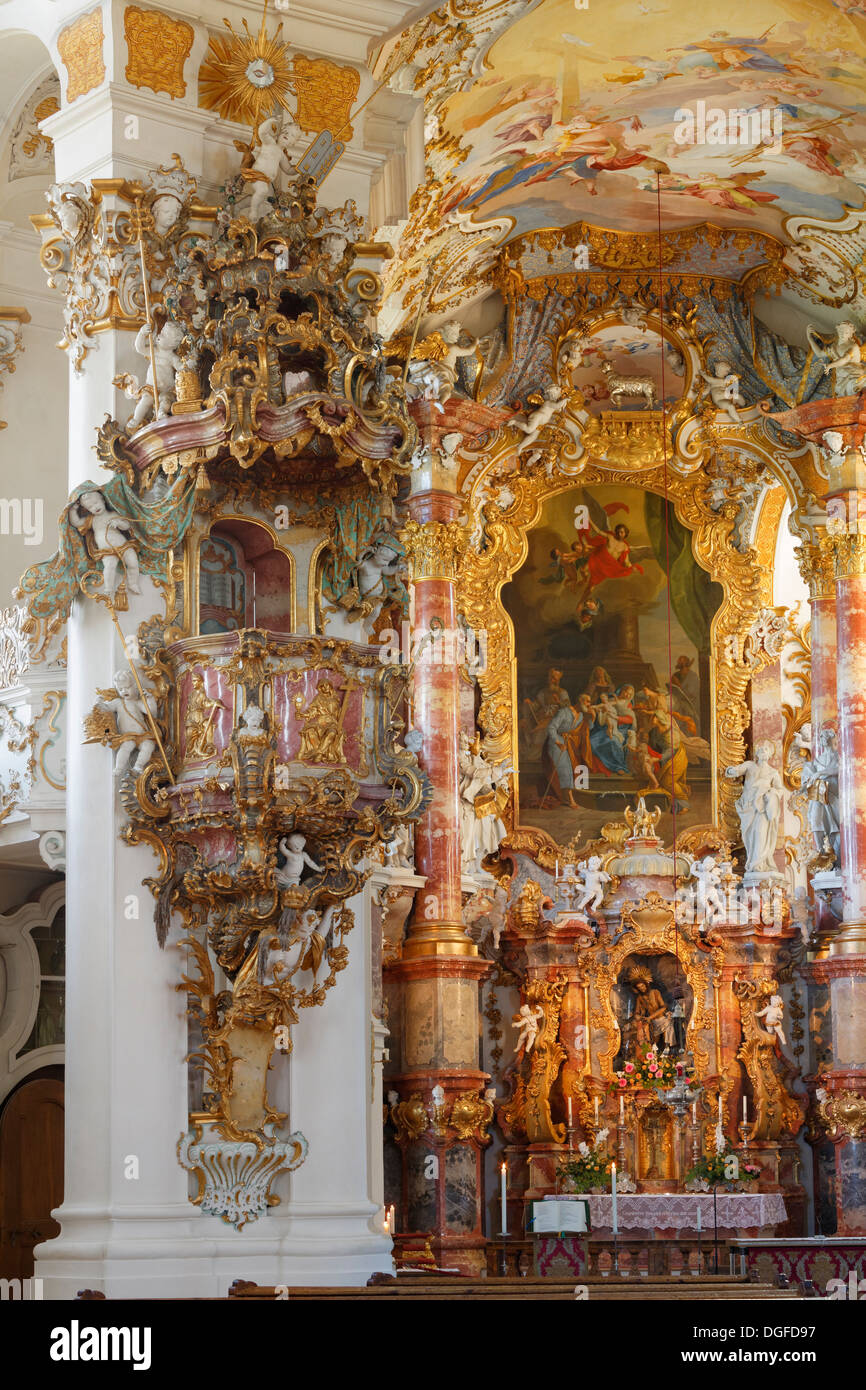 Interior, pulpit and high altar, Wieskirche church or Pilgrimage Church of  Wies, UNESCO World Heritage Site, Wies, Steingaden Stock Photo - Alamy