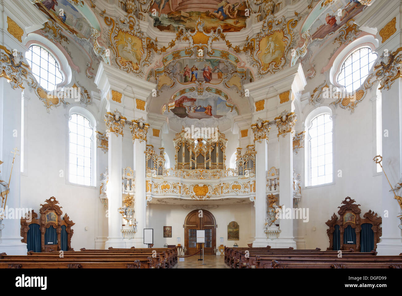 Interior, organ, Wieskirche church or Pilgrimage Church of Wies, UNESCO World Heritage Site, Wies, Steingaden Stock Photo