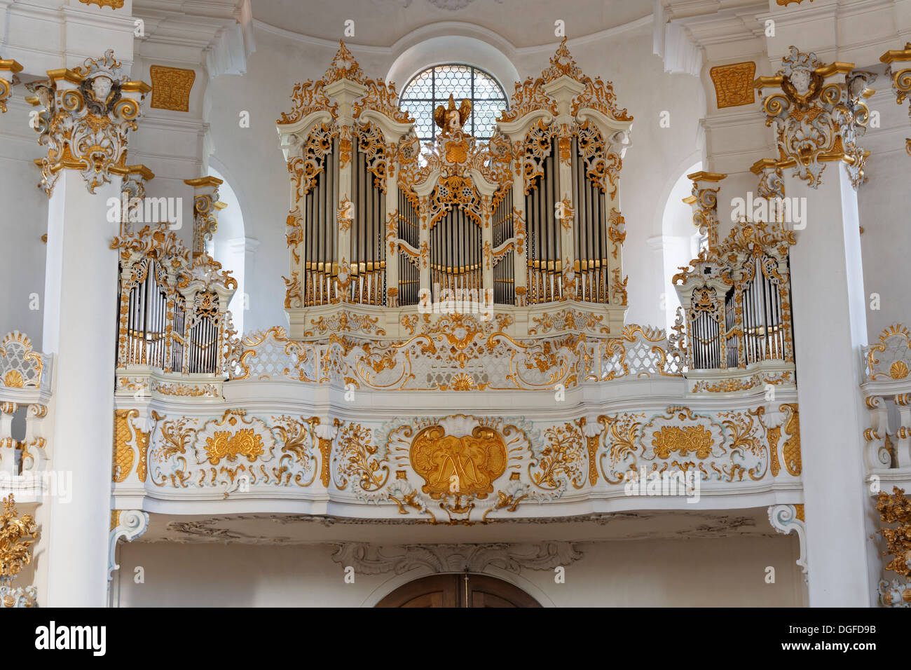 Interior, organ, Wieskirche church or Pilgrimage Church of Wies, UNESCO World Heritage Site, Wies, Steingaden Stock Photo
