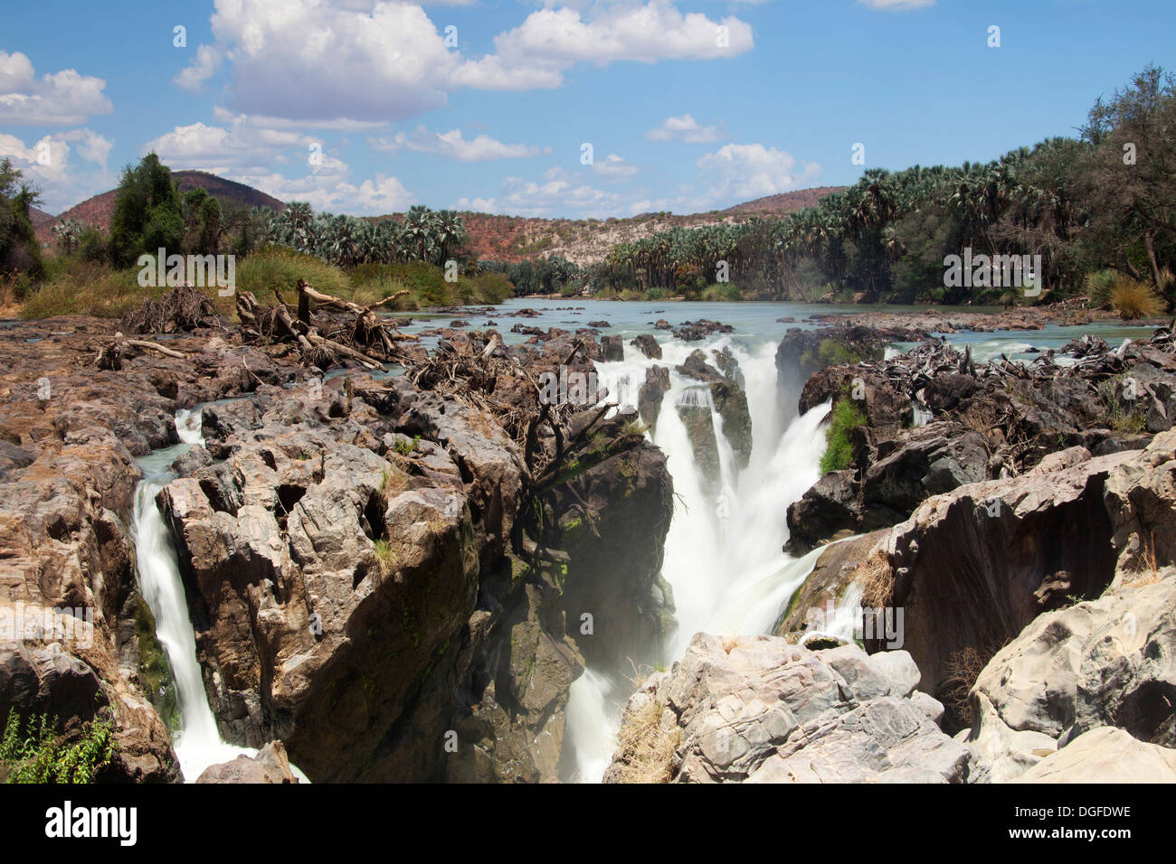Epupa Falls, waterfall, formed by the Kunene River directly on the border with Angola, about 40 m, Epupa, Kaokoland, Kunene Stock Photo