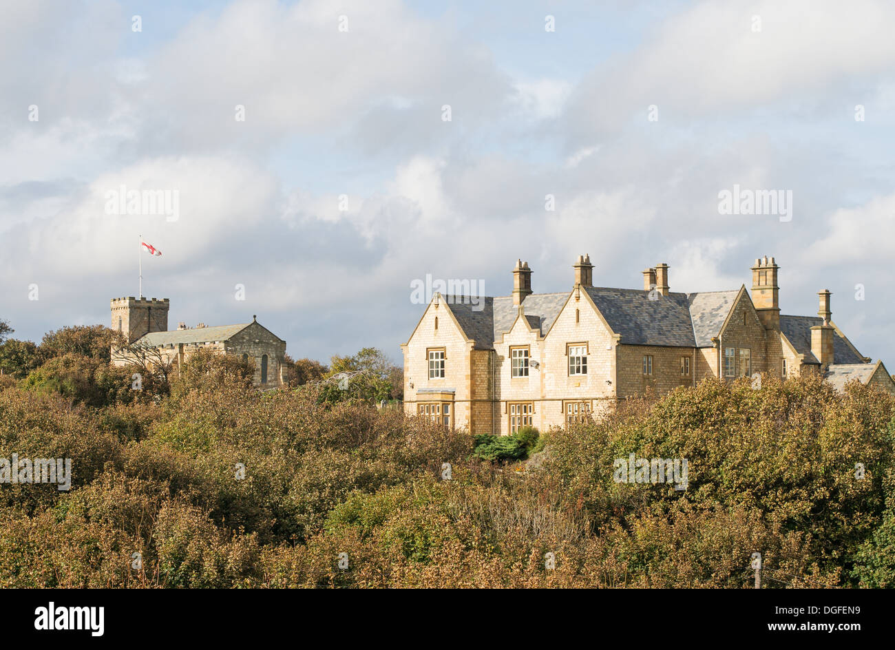 The old vicarage, Greystones and church of St Mary the Virgin, Seaham, north east England, UK Stock Photo