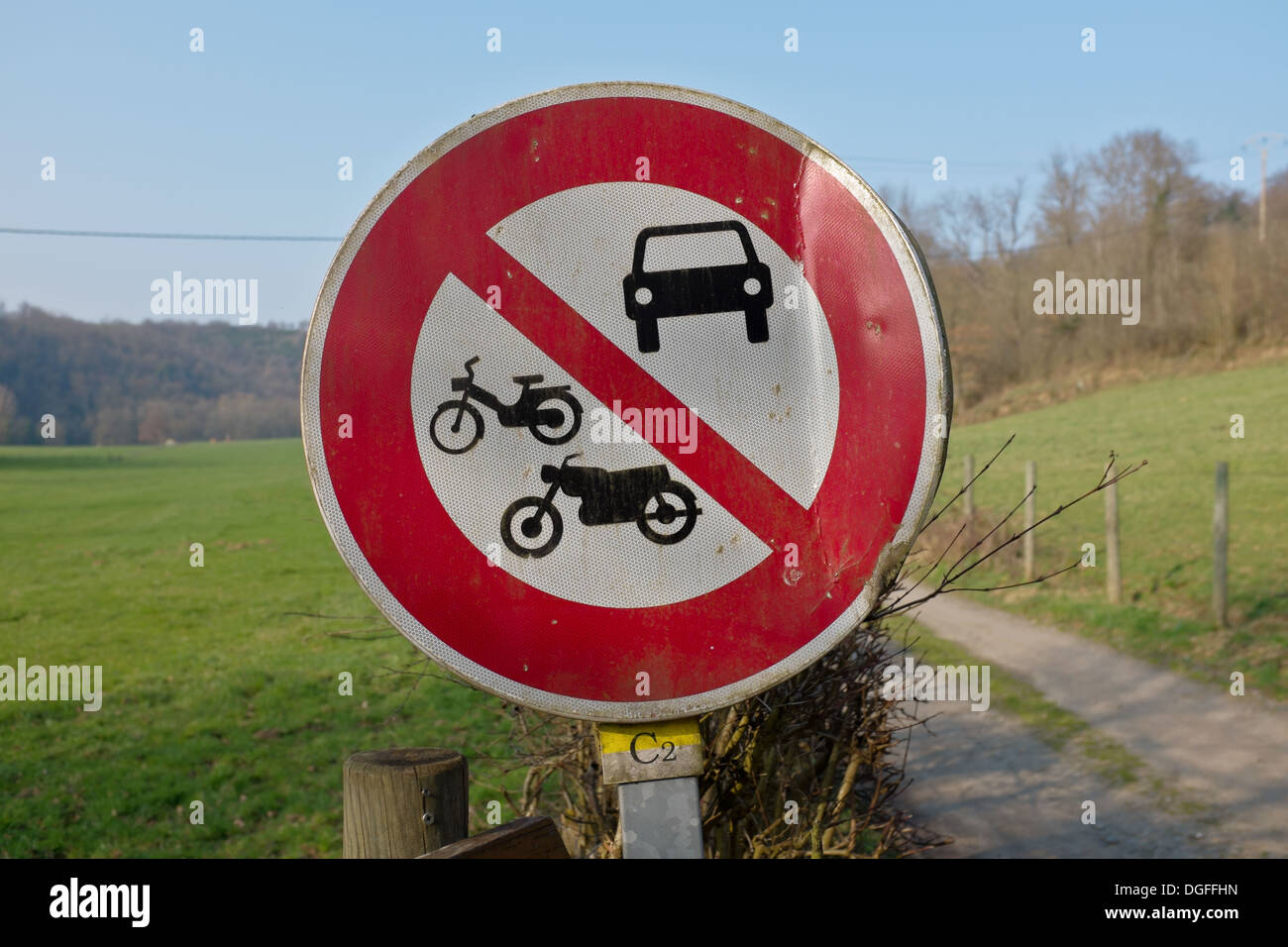 No moped, motorcycle or car sign in Veauche in Rhone-Alpes region of France Stock Photo