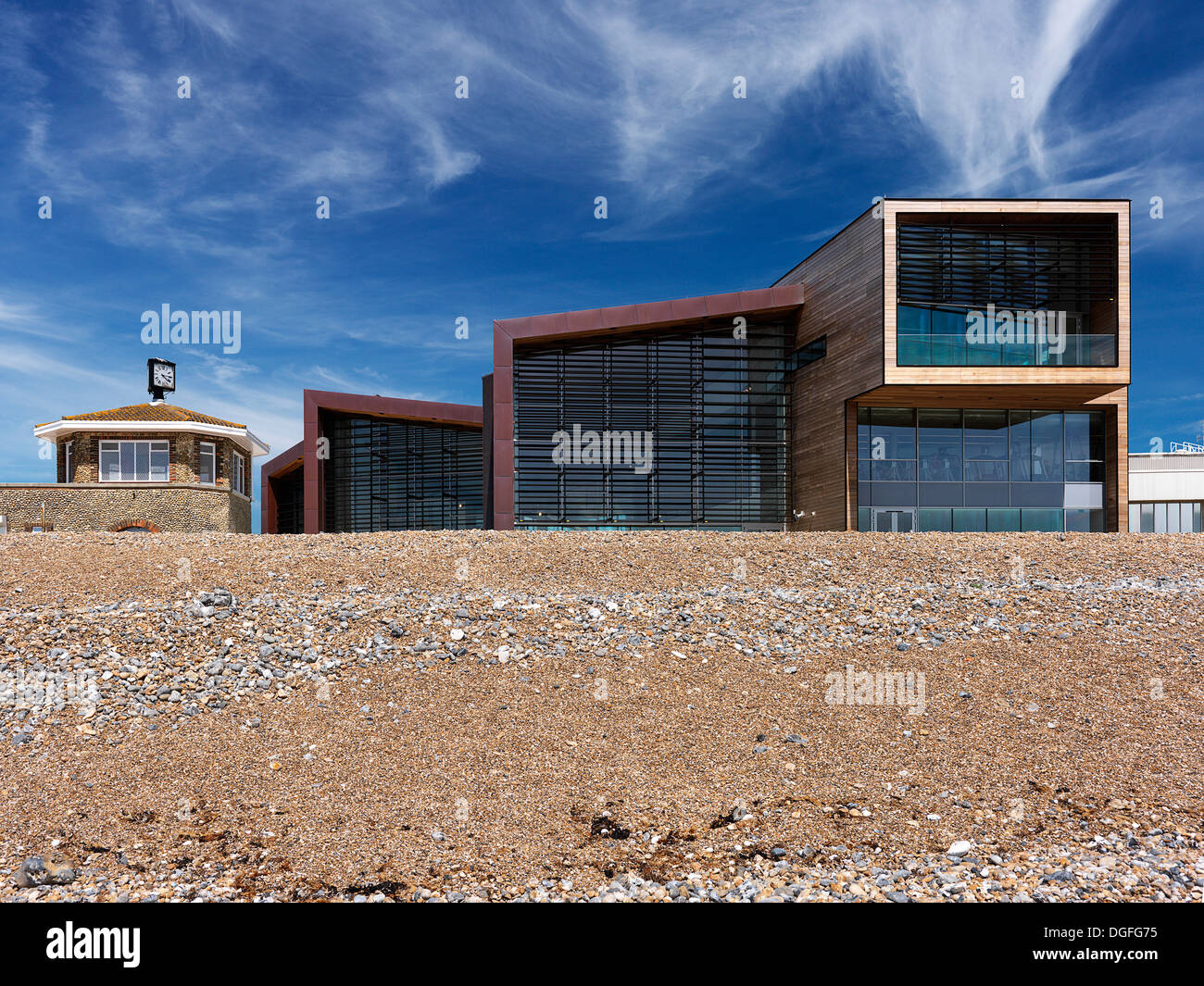 Splashpoint Leisure Centre, Worthing, United Kingdom. Architect: Wilkinson Eyre Architects, 2013. South facing seaside facade. Stock Photo