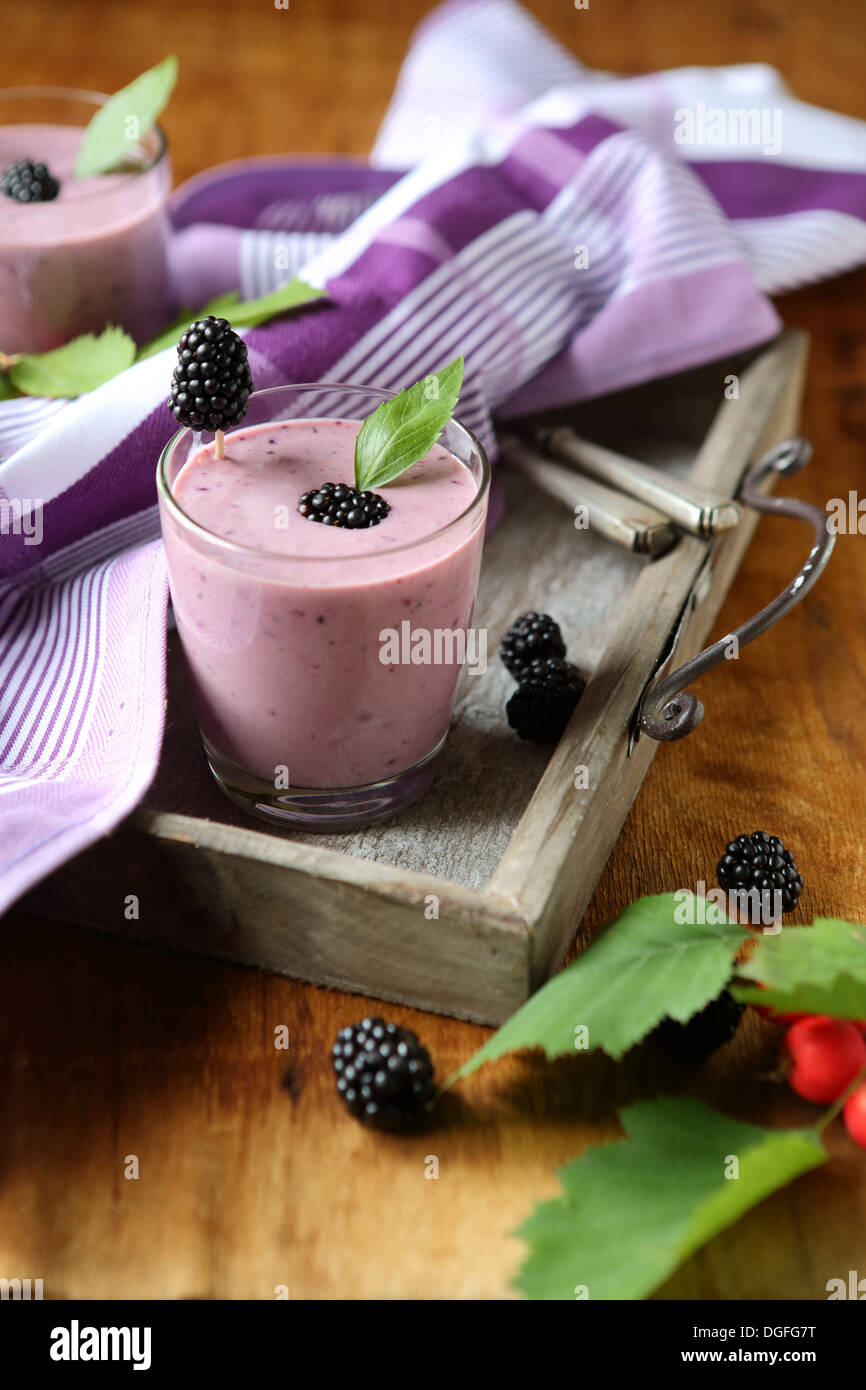 delicious and healthy blueberry smoothie with blackberries, food Stock Photo