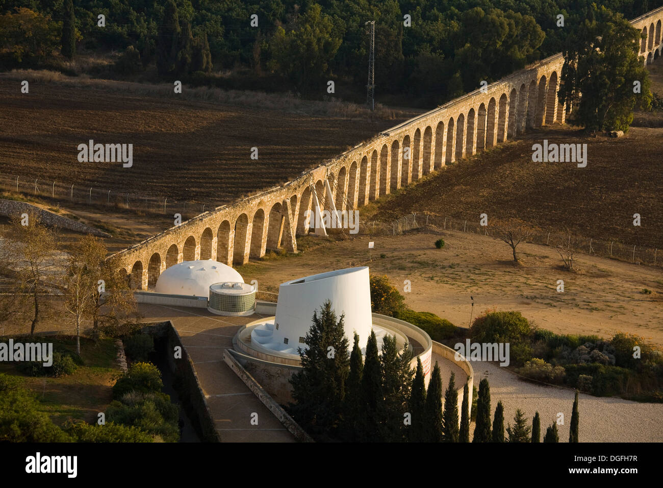 An aerial photo of the Aquaeduct and Lohamei Hagetaot Museum Stock Photo