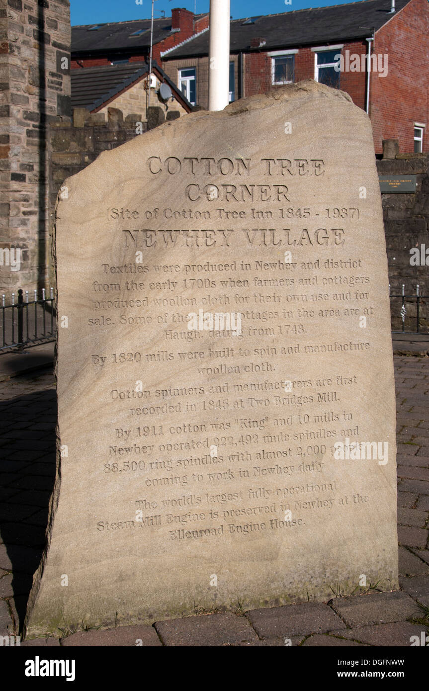 Carved stone information sign at Cotton Tree Corner, Newhey, Rochdale, Greater Manchester, England, UK. Site of an inn. Stock Photo